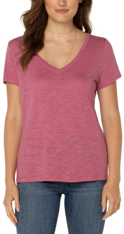 Schmal geschnittenes T-Shirt aus Flammstrick mit V-Ausschnitt Wilde Rose