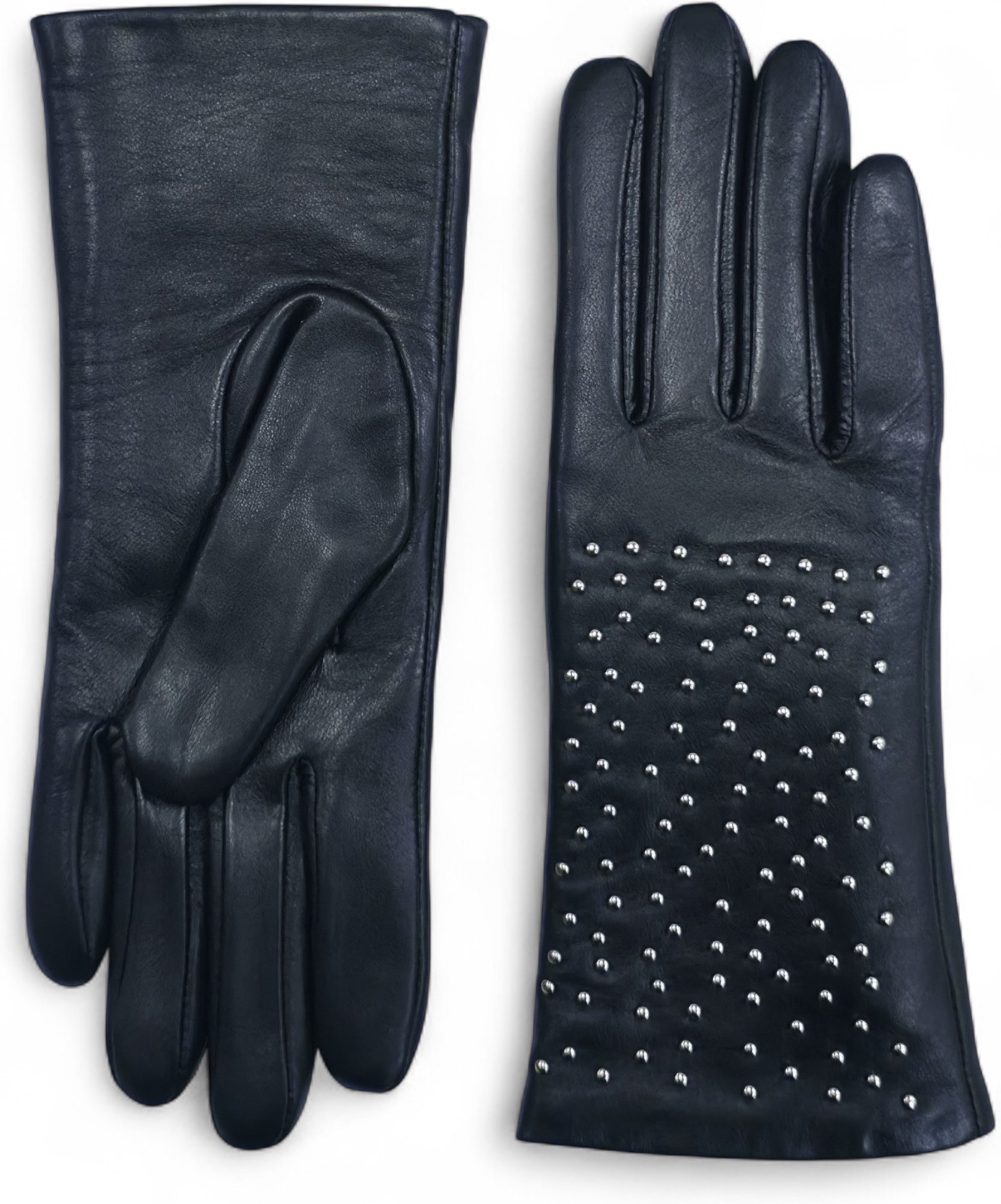 Schwarze italienische Leder-Fahrhandschuhe für Damen mit weichem Wollfutter, Winterdesign und Nietenbesatz