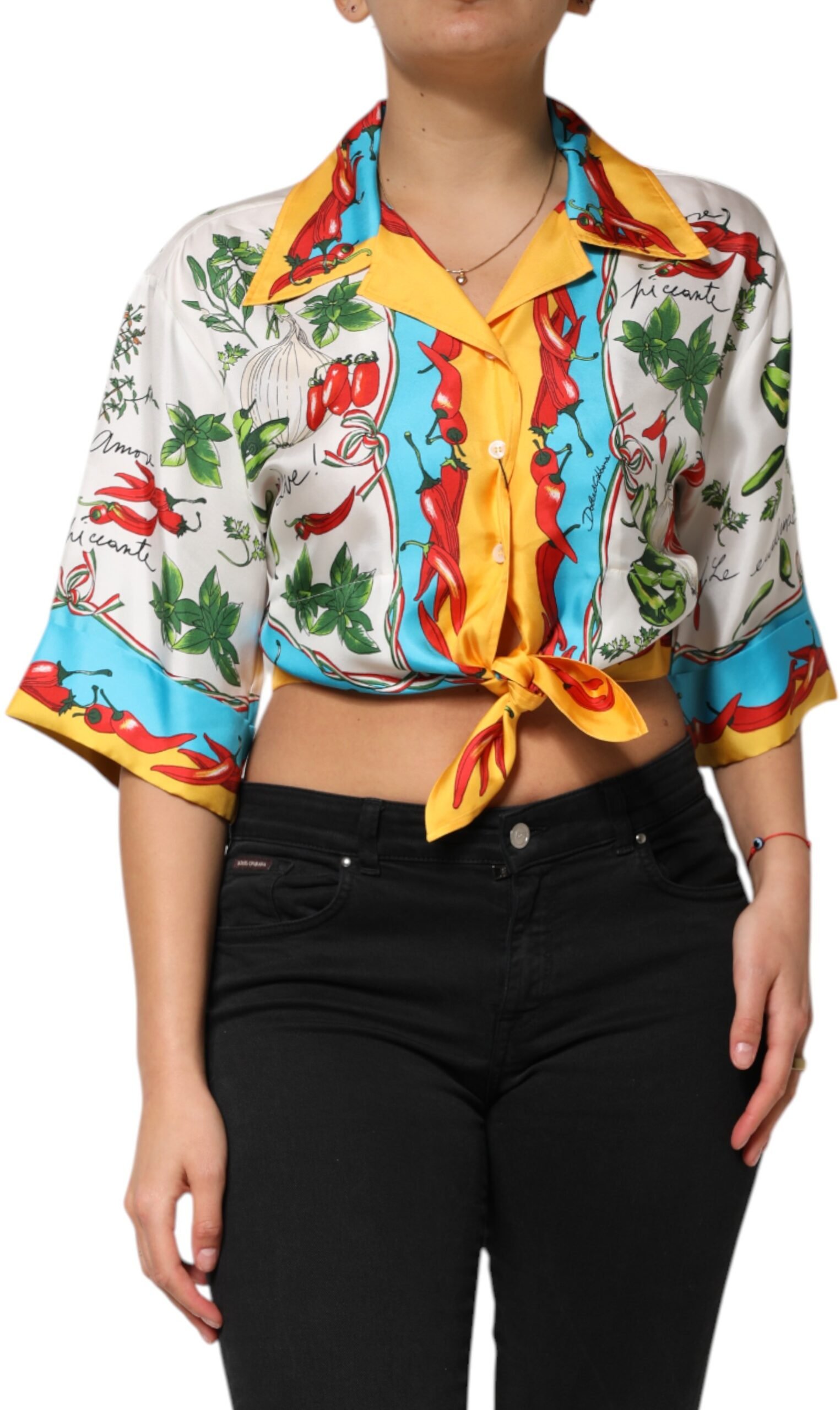 Bedruckte Seidenbluse mit Frontknopf