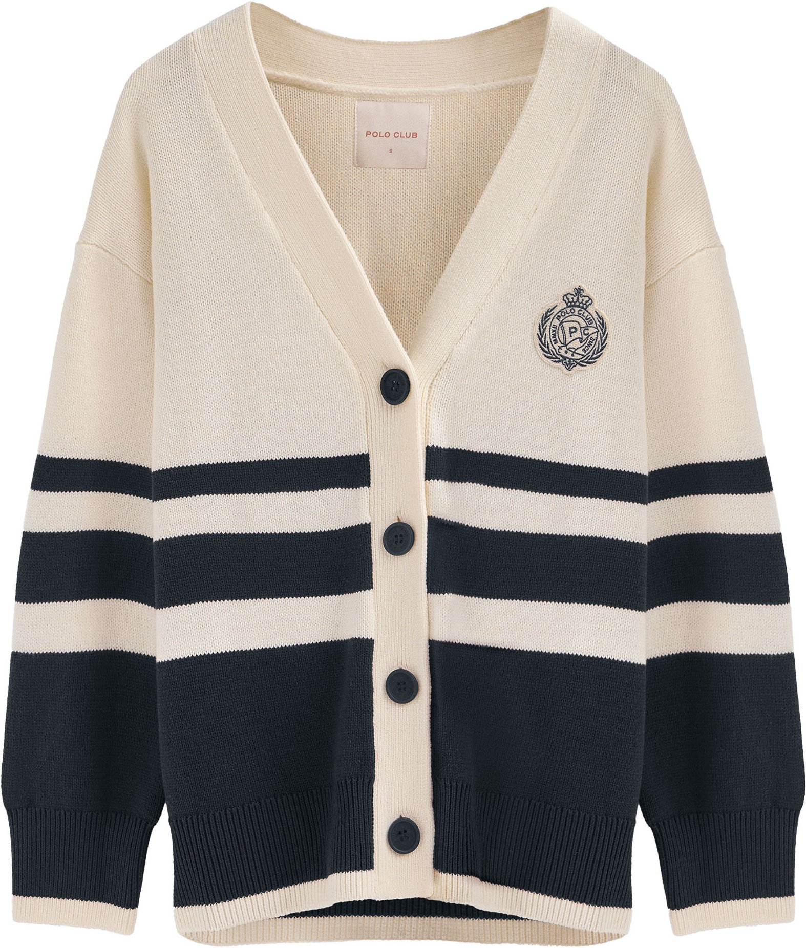 Cardigan ecru mit V-Ausschnitt, Knöpfen und maritimem Polo Club-Patch