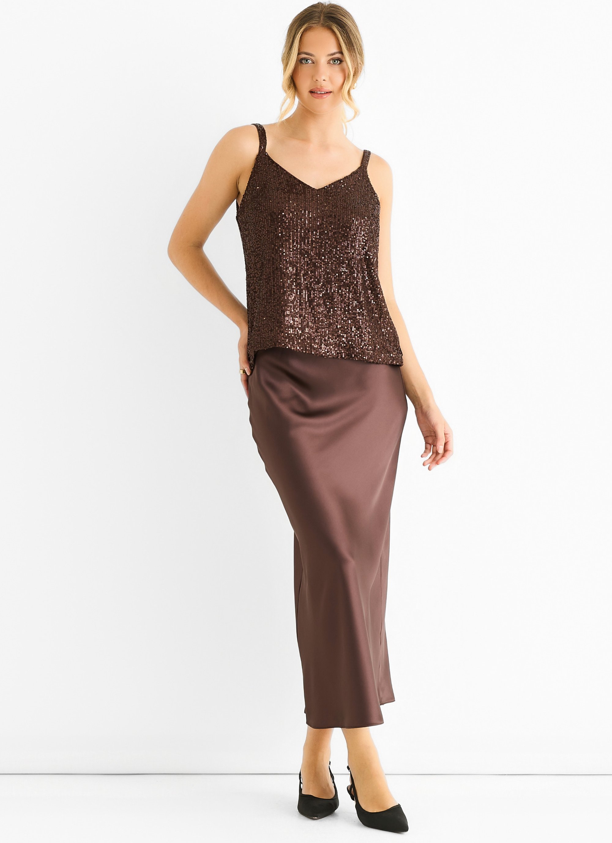 Schokoladenfarbener Pailletten V-Ausschnitt Cami-Top