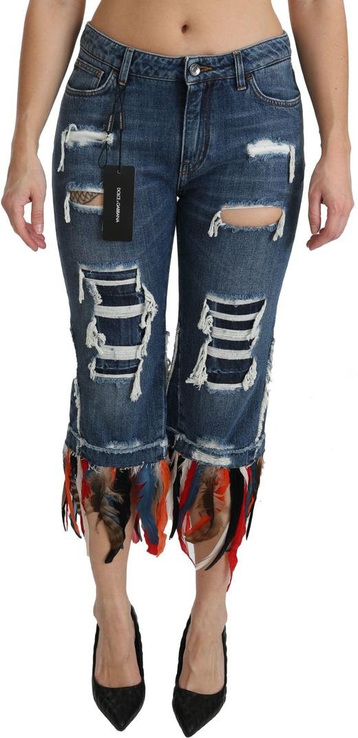 Dolce & Gabbana Damen Jeans aus Baumwolle mit niedriger Taille und blauen Federn