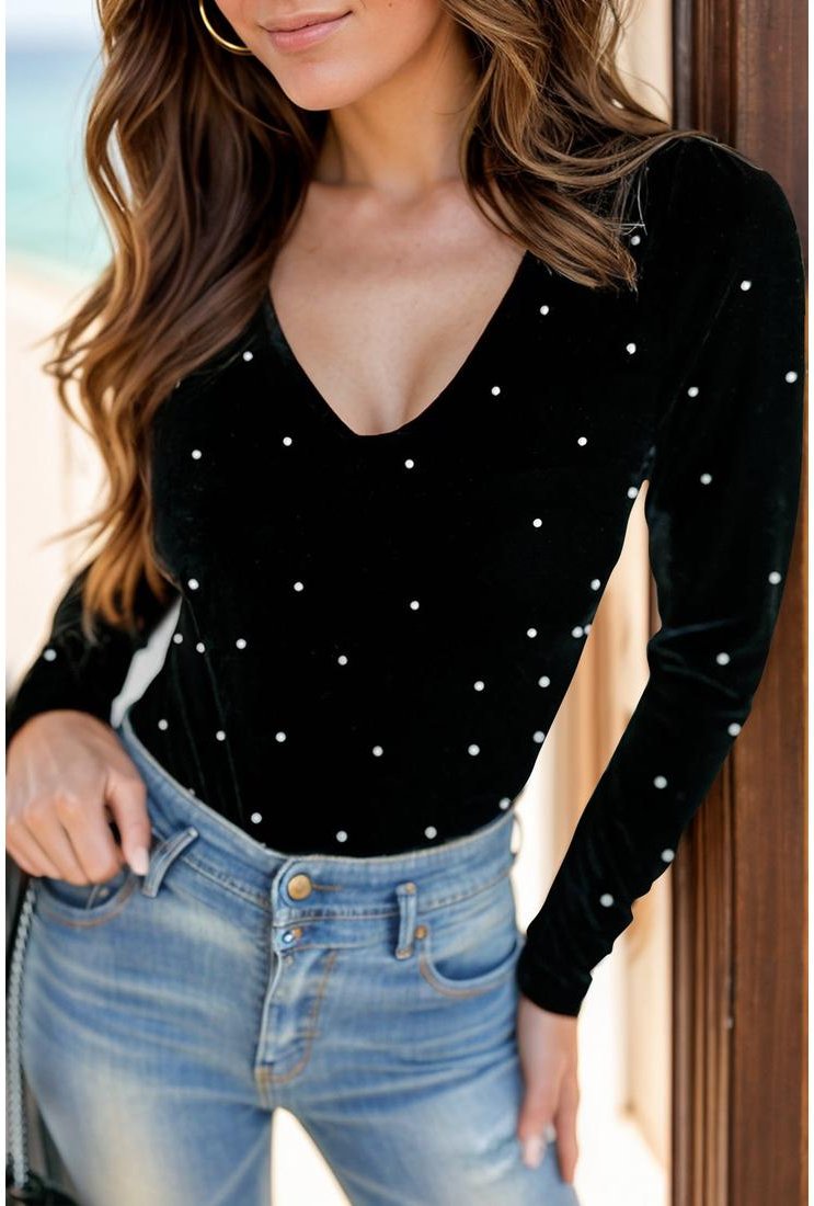 Thumbnail - Damen Bodysuit mit Perlendetails und V-Ausschnitt, langärmlig