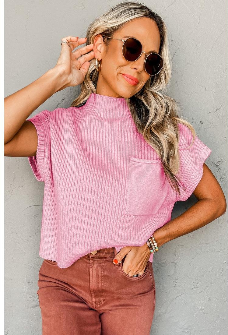 Thumbnail - Azura Exchange Pink Patch Pocket Rippstrick Kurzarmpullover
