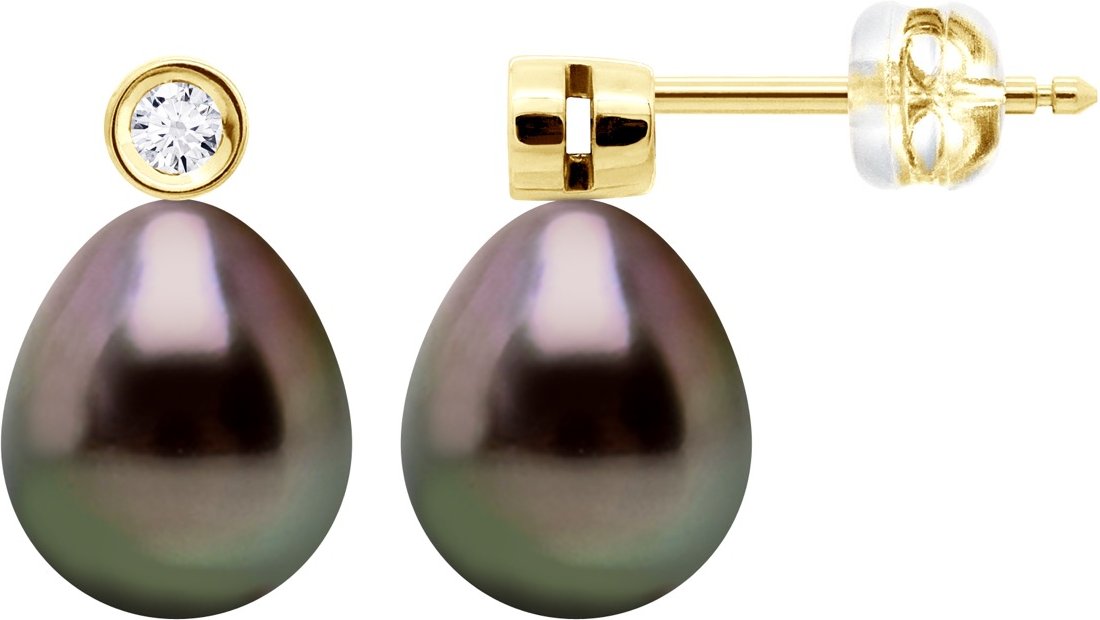Ohrringe Prestige – Diamanten 0,02 ct – Gelbgold – echte Tahiti-Zuchtperlen, Birne 9–10 mm