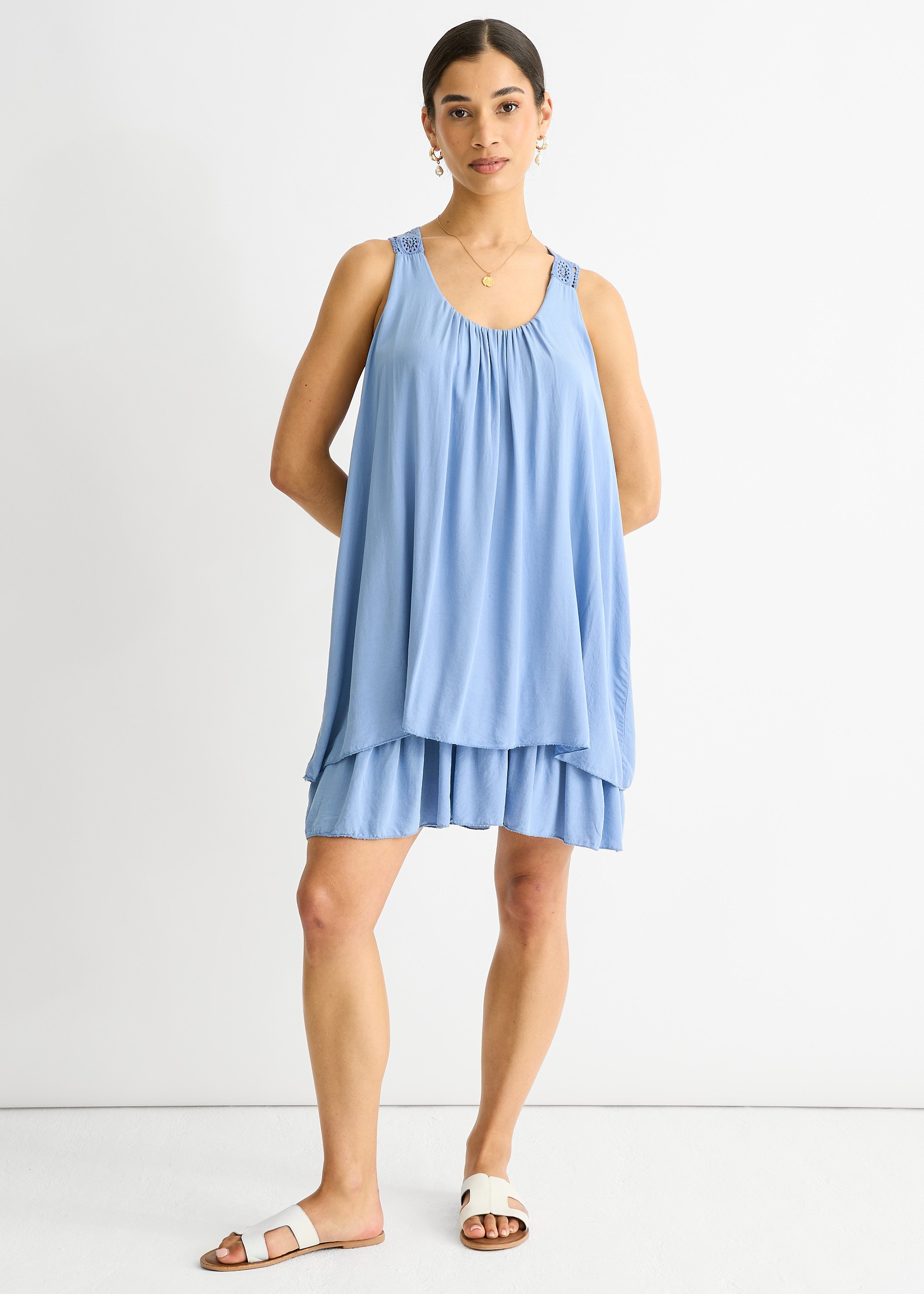 Doppellagiges Baumwoll-Minikleid aus Denim mit Häkelmuster