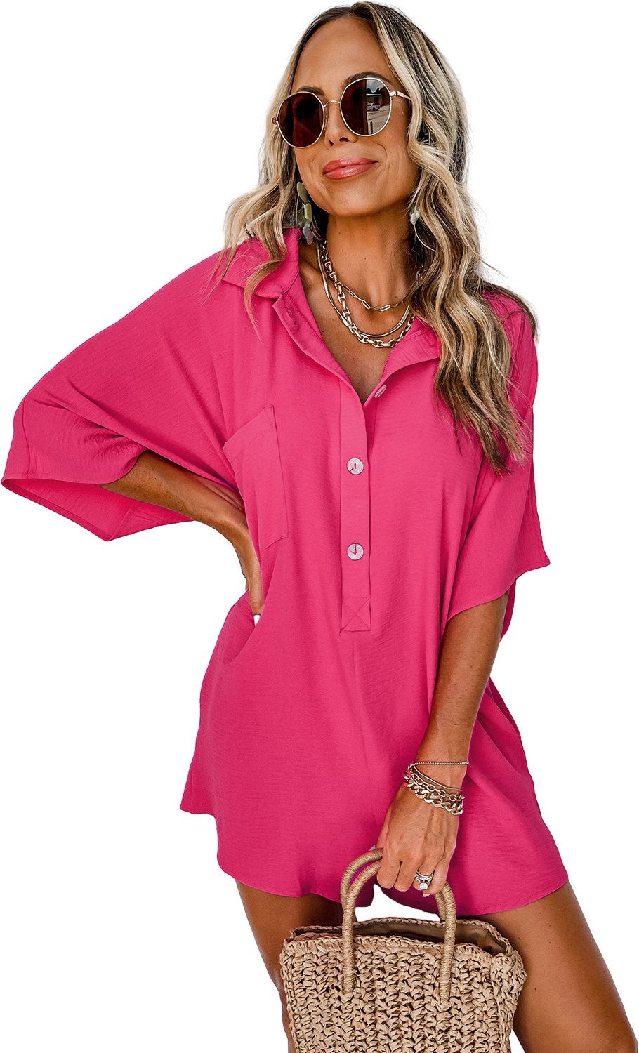 Helles Pink Halbknopf-Kragen Lockere Overall