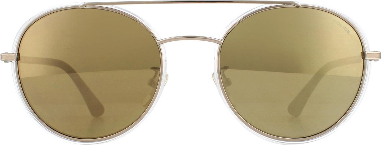 Police Round Mens Light Gold Crystal Grey Brown Gold Mirror Sonnenbrillen
