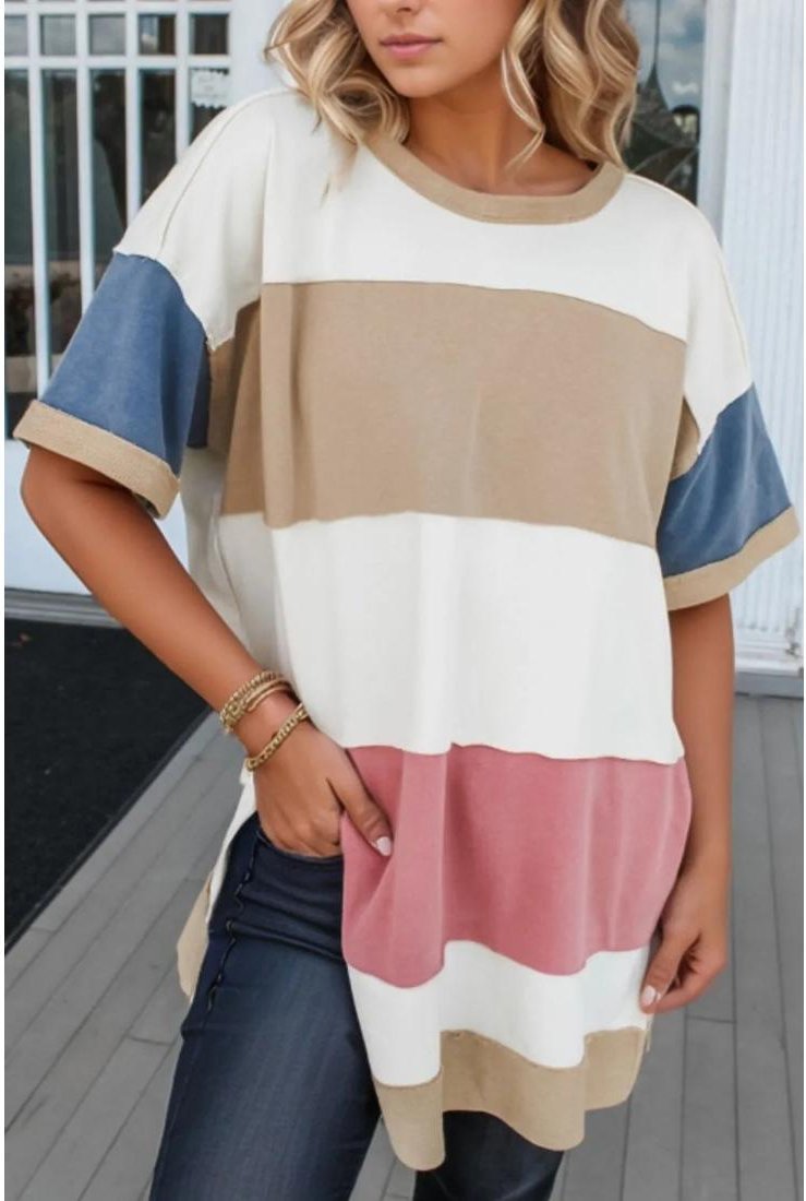 Thumbnail - Damen Color Block Patchwork Tunika T-Shirt mit seitlichem Schlitz