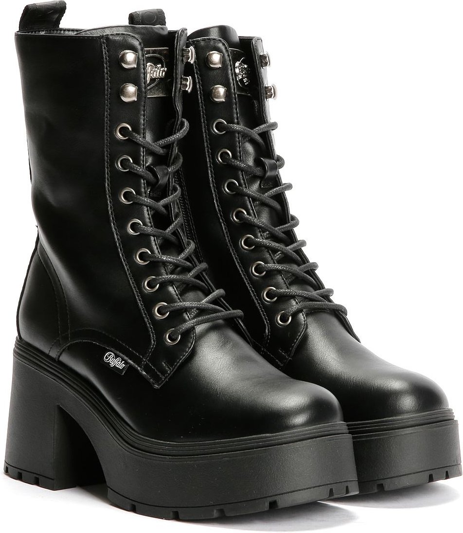 Buffalo Mila Lace Up Mid Damen Schwarze Stiefel
