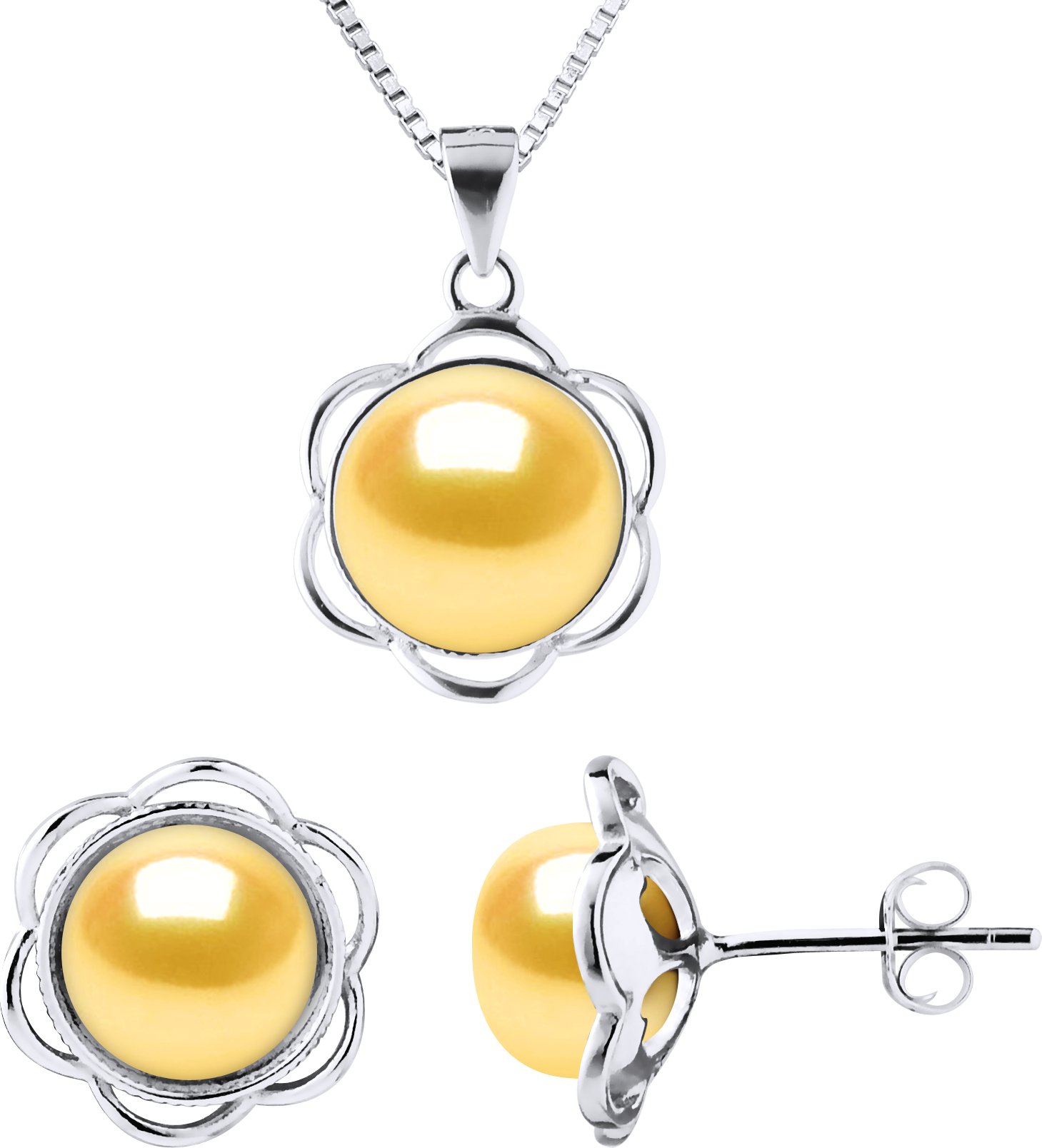 Schmuck Halskette & Ohrringe PETAL Süßwasserperle 8-9mm Golden 925