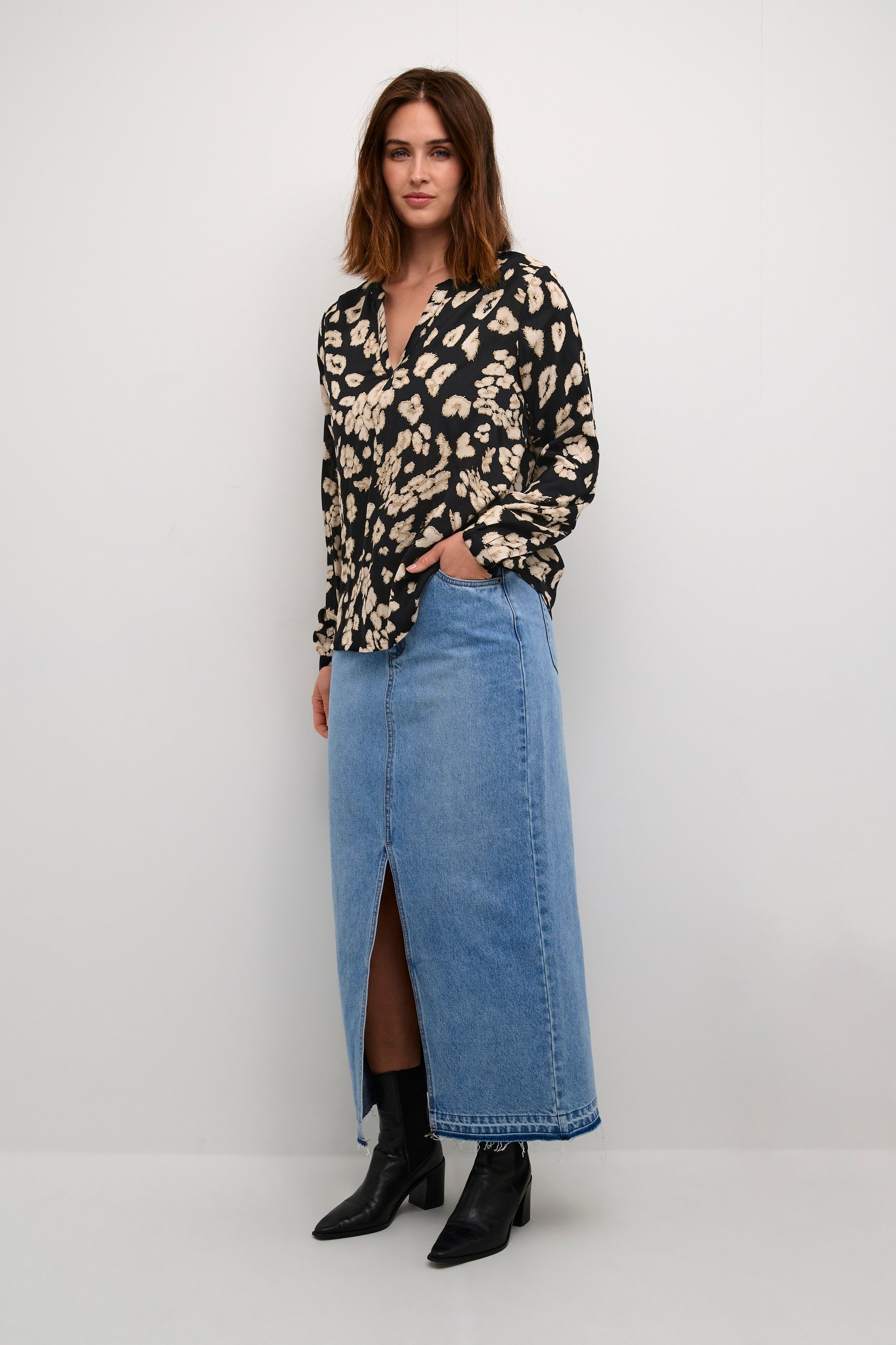 Langarm-Bluse Regular fit Black/Sand Leo Print leopard