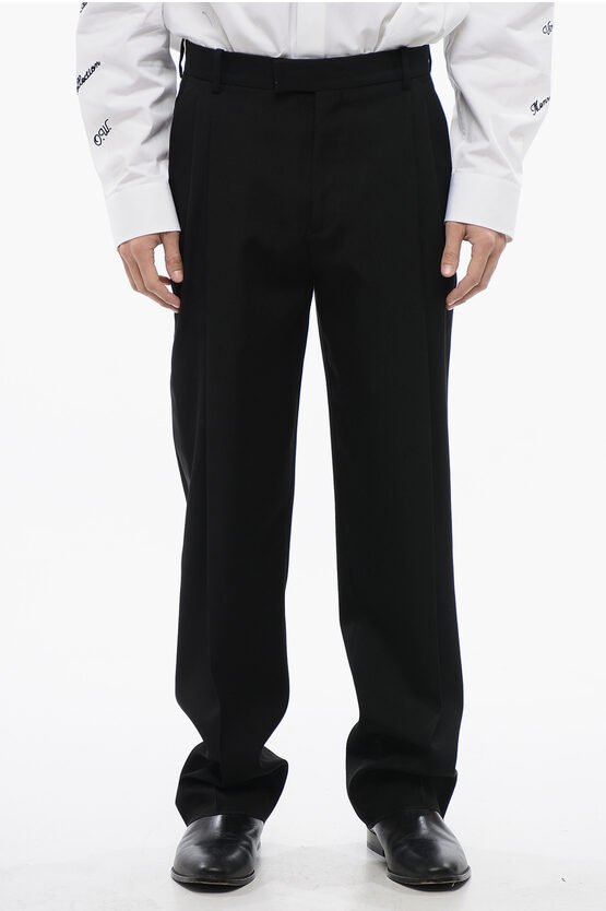 Doppelt plissierte, hoch taillierte Wollhose in Schwarz