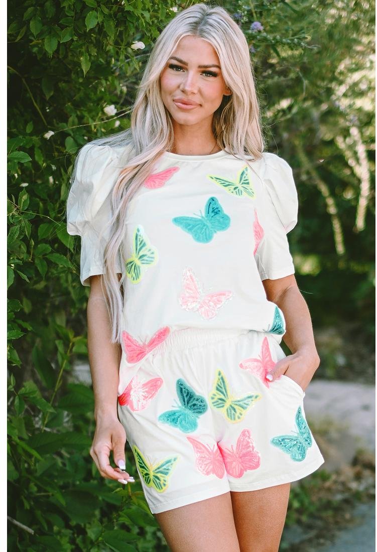 Thumbnail - Weißes farbenfrohes Pailletten-Schmetterlings-Puffärmels-Top mit Shorts Set
