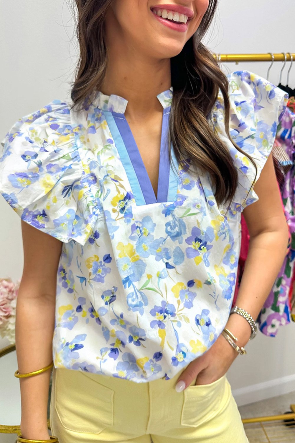 Blumen V-Ausschnitt Kurzarmbluse