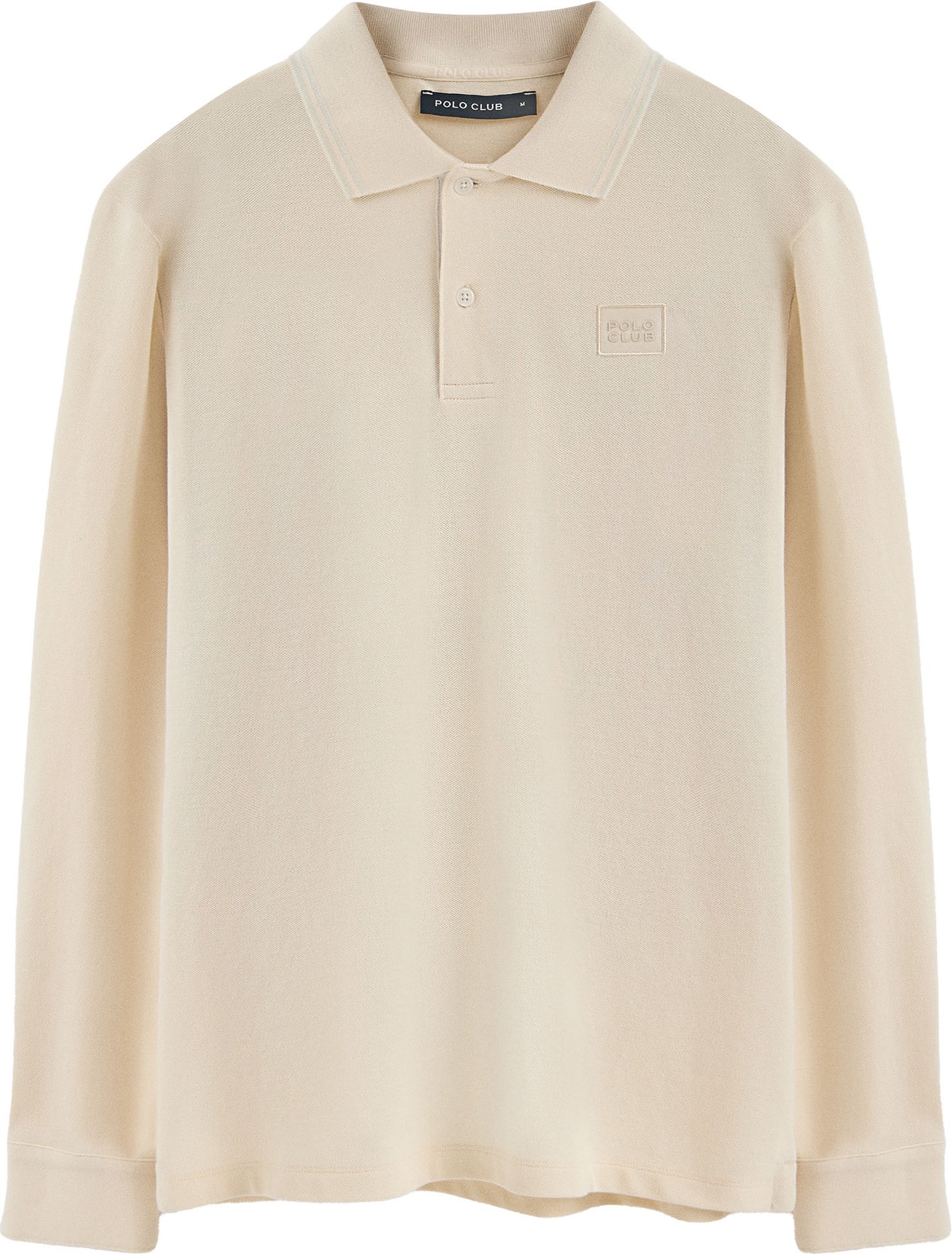 Langärmliges Poloshirt naturweiß mit zwei Knöpfen und Logo-Aufnäher