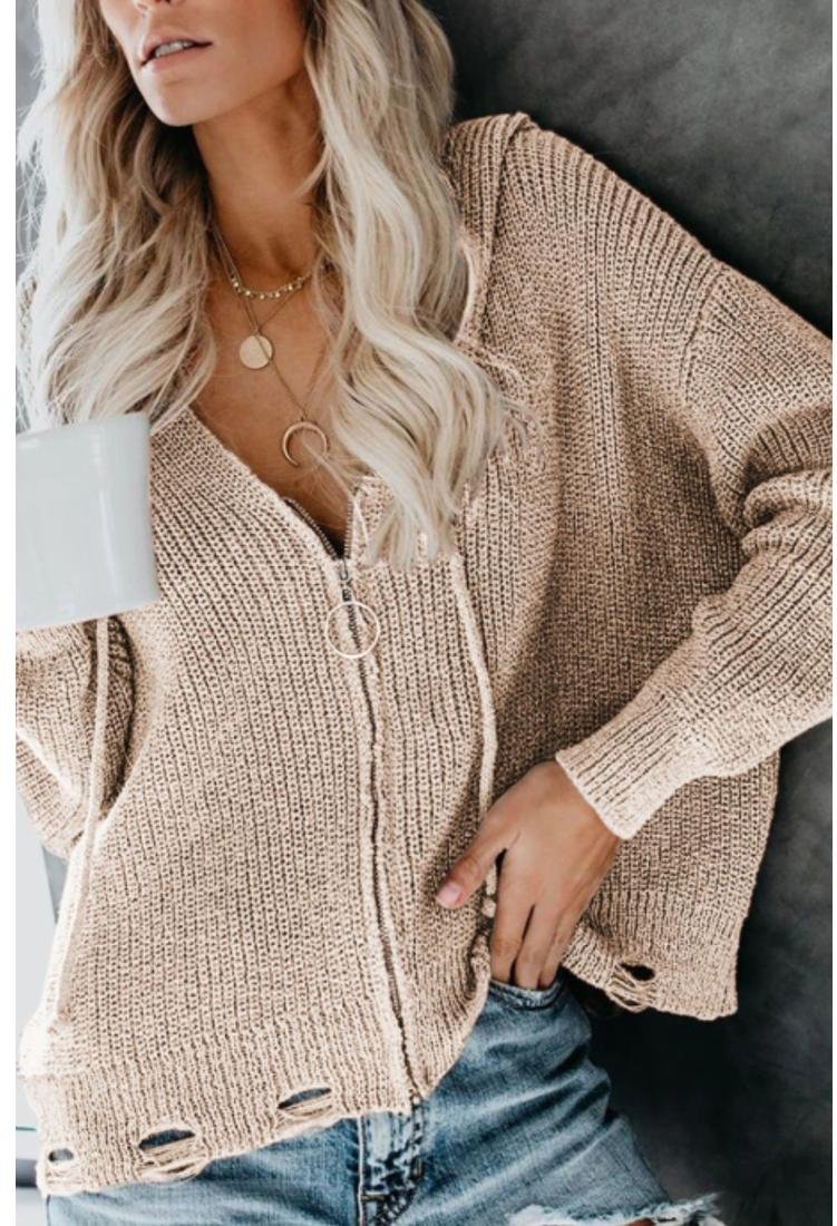 Damen Kapuzenjacke mit Reißverschluss und Kordelzug im Used-Look