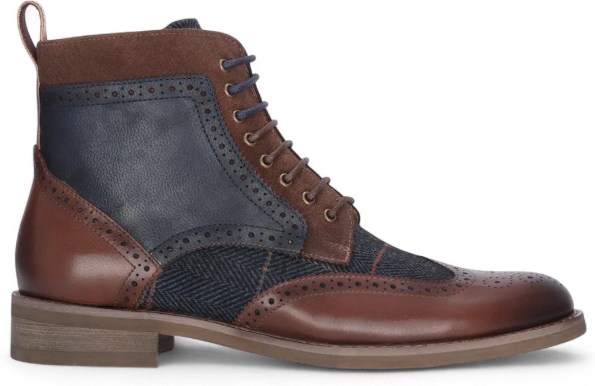 Justin Reess Herren Oxford-Schuhe aus braunem Leder und marineblauem Tweed – Teddy