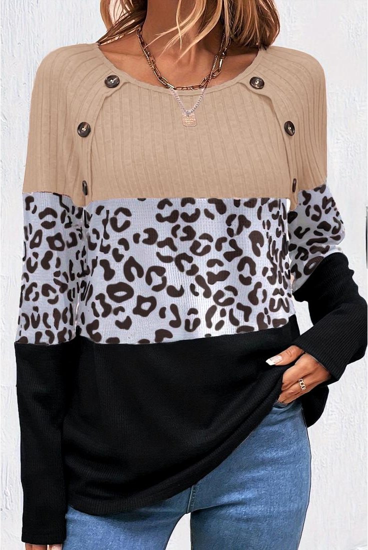 Thumbnail - Azura Exchange Schwarzes Gepard Texturiertes Patchwork Knopf Rundhals T-Shirt