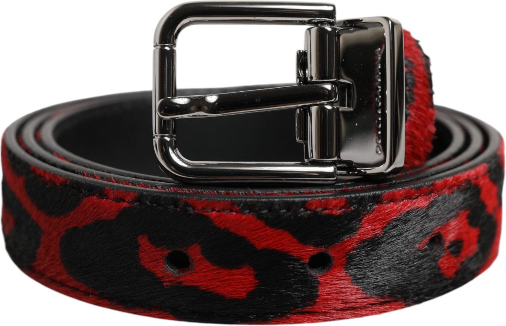 Dolce & Gabbana Schwarz-Rot Leopard Silberne Metall-Schnalle Gürtel