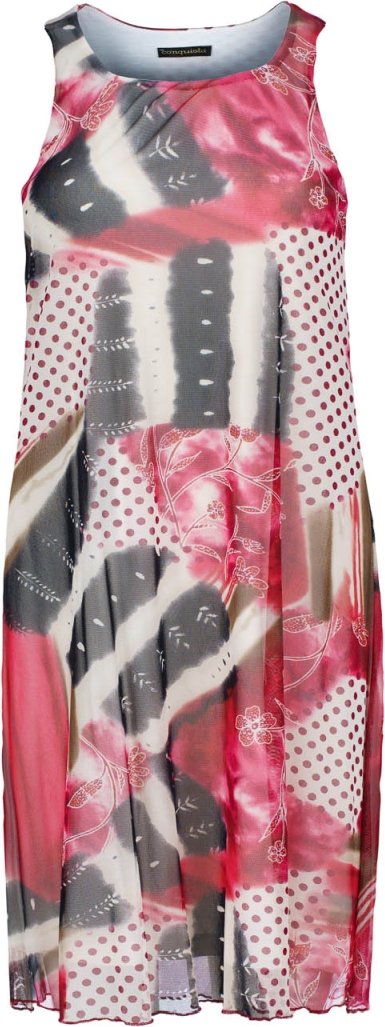 Thumbnail - Ärmelloses Midikleid – Abstrakter roter Druck, transparentes Nylonnetz, vollständig mit Baumwolle gefüttert