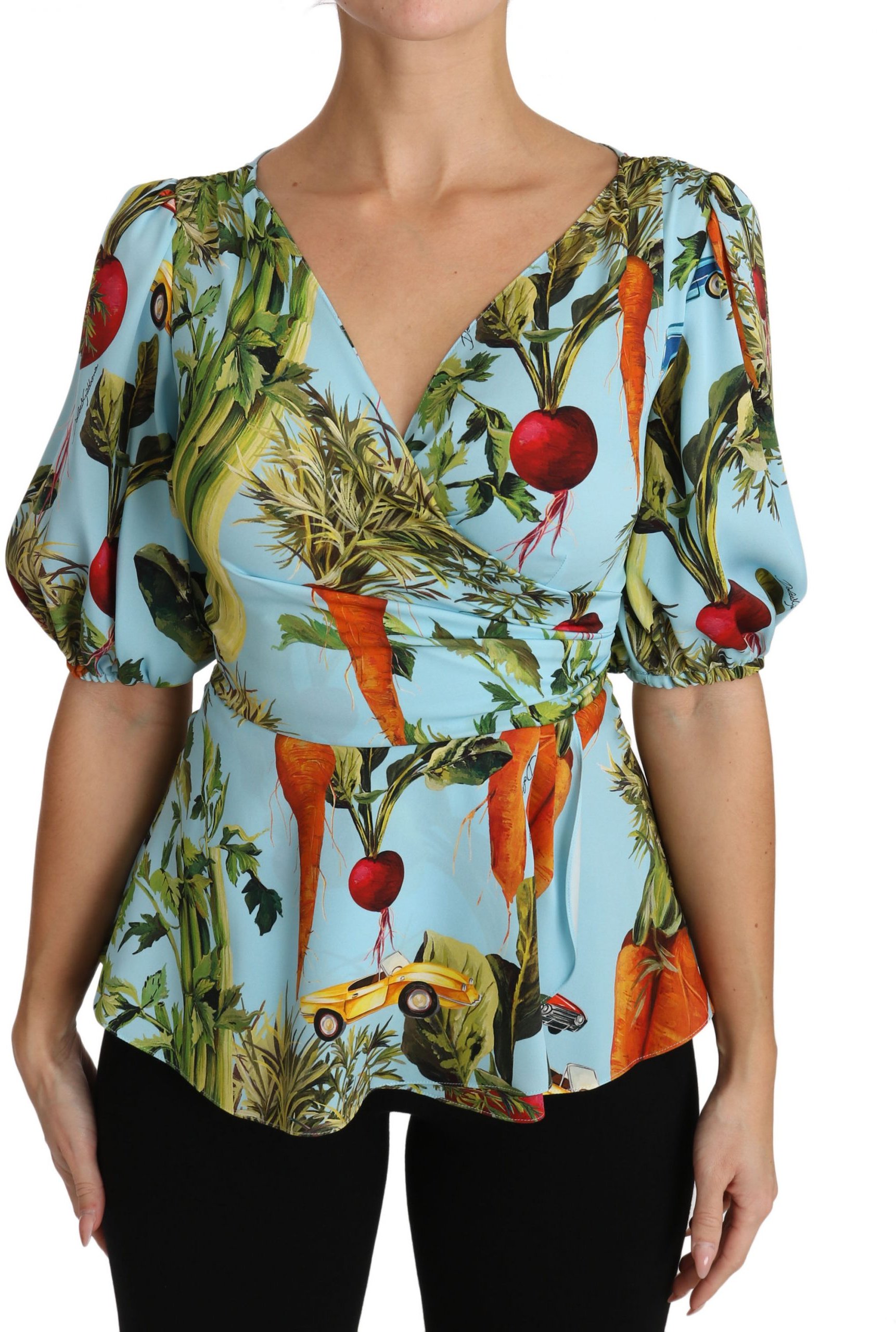Dolce & Gabbana Mehrfarbiges Gemüsedruck-Seiden-Top Peplum Wickelbluse