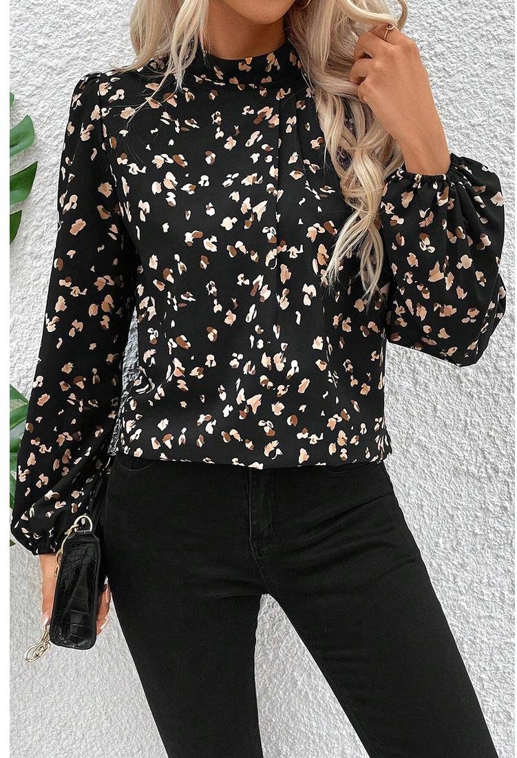 Thumbnail - Azura Exchange Schwarzes Leopardenmuster Laternenärmelfaltenshirt mit Stehkragen