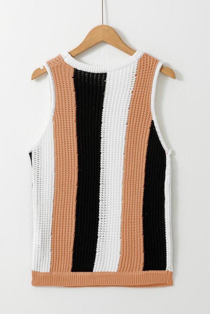 Thumbnail - Khaki-Streifen Farbblock Ärmelloser Strickpullover-Weste