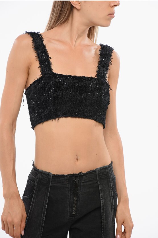 Einfarbiges, mit Pailletten verziertes Crop-Top in Schwarz