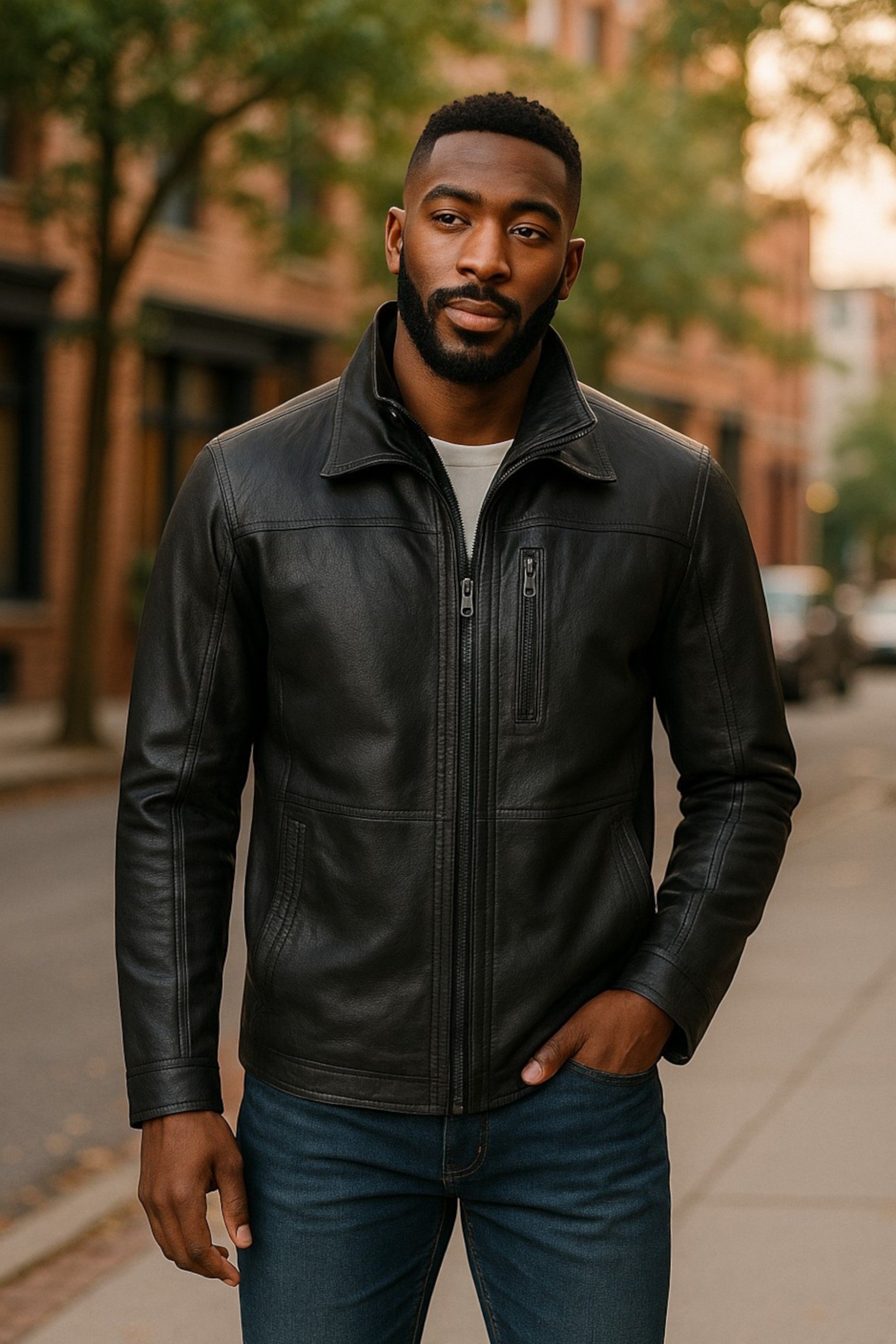 Schwarzer, warmer, mittellanger Bikermantel aus Leder für Herren – Colac