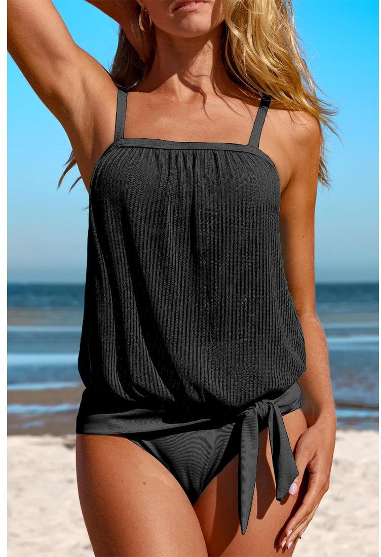 Thumbnail - Azura Exchange Schwarzer gestreifter Mesh Tankini mit geknotetem Saum