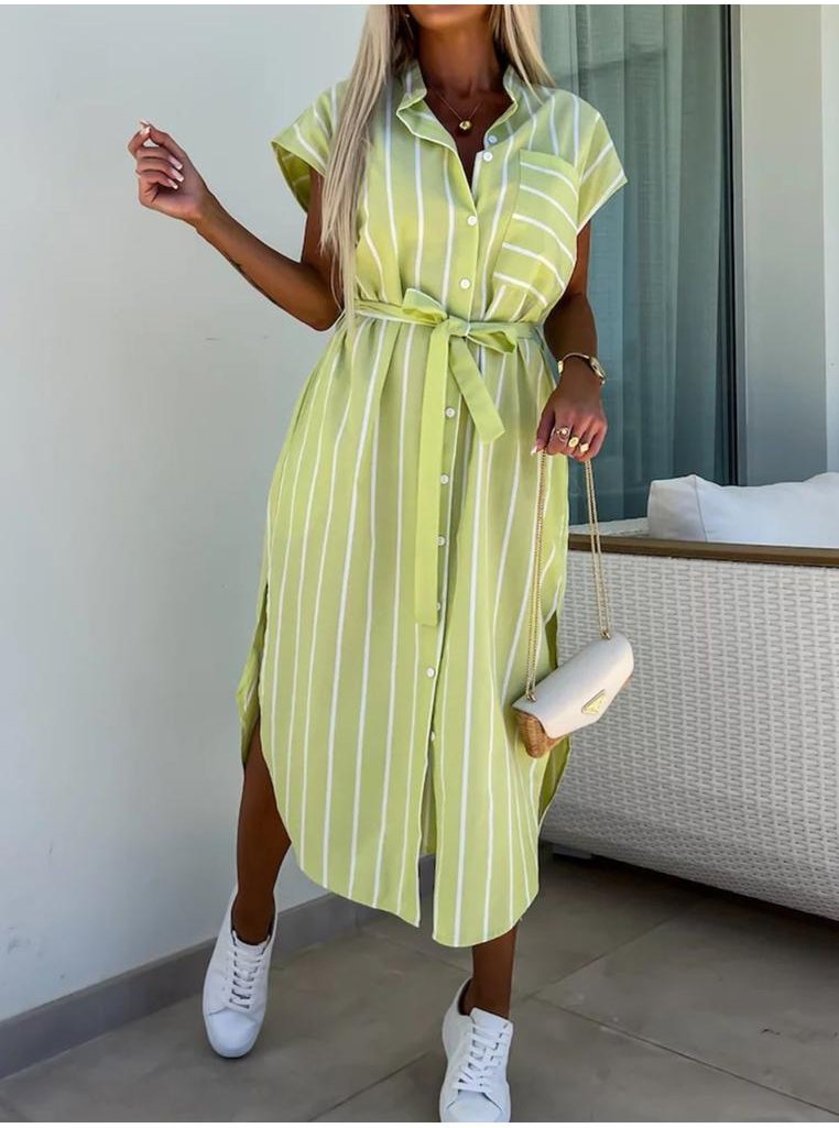 Thumbnail - Gestreiftes Kleid mit Bindegürtel und kurzen Ärmeln für Damen