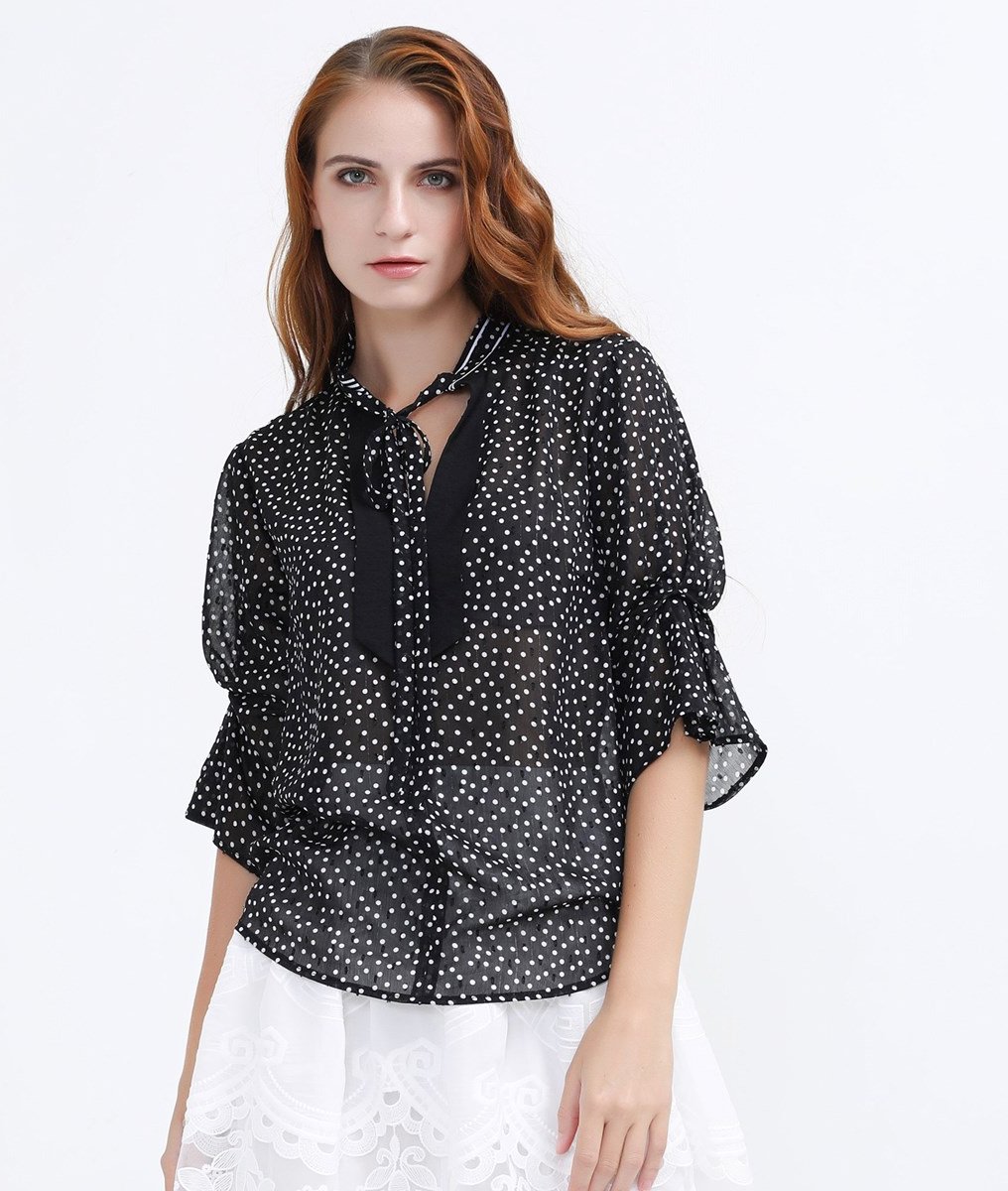 Polka Dots Tulpenärmel Chiffonbluse