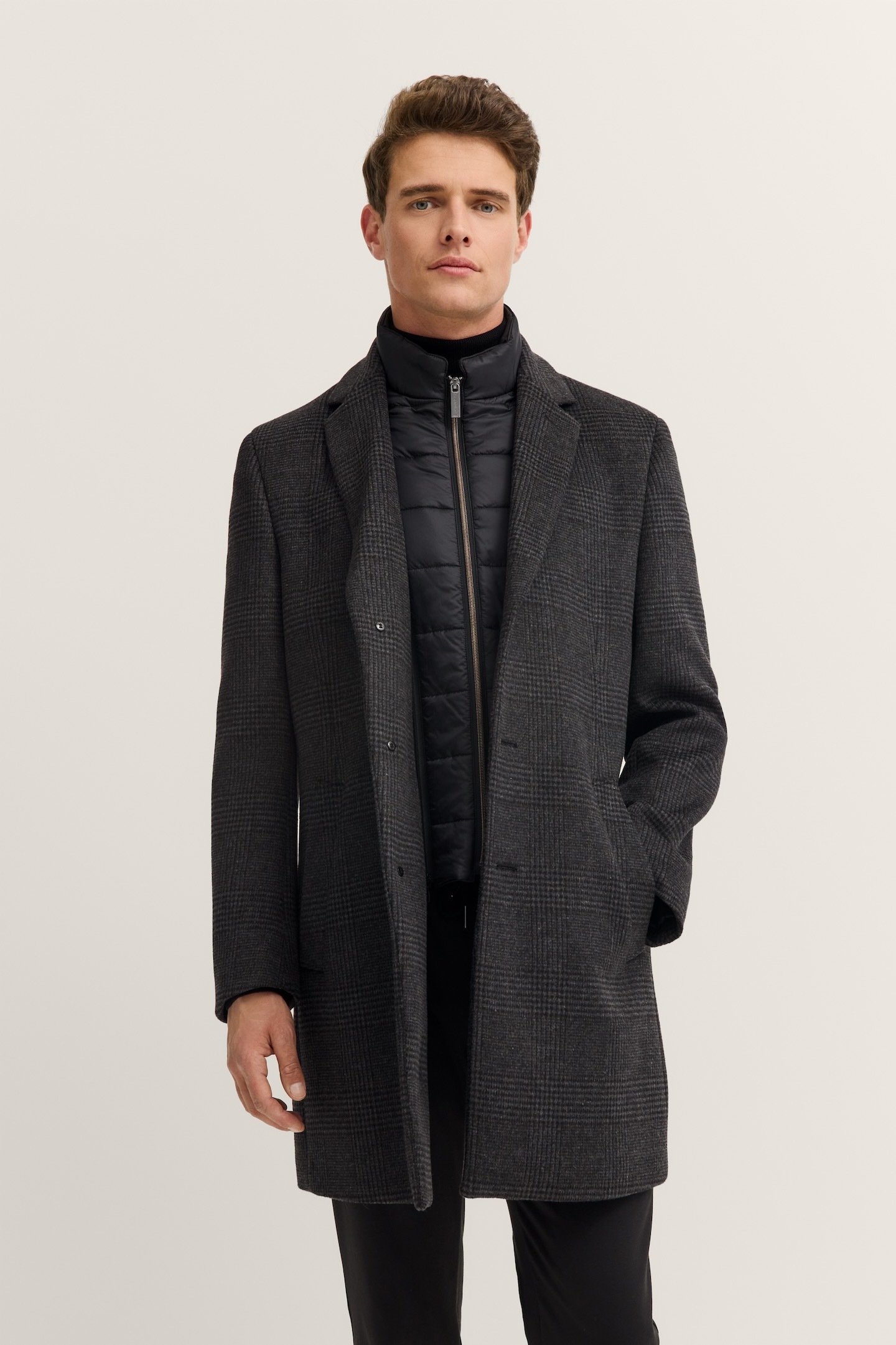 Bugatti Herren Reverskragen Mantel mit Glencheck-Karo und Westen-Einsatz