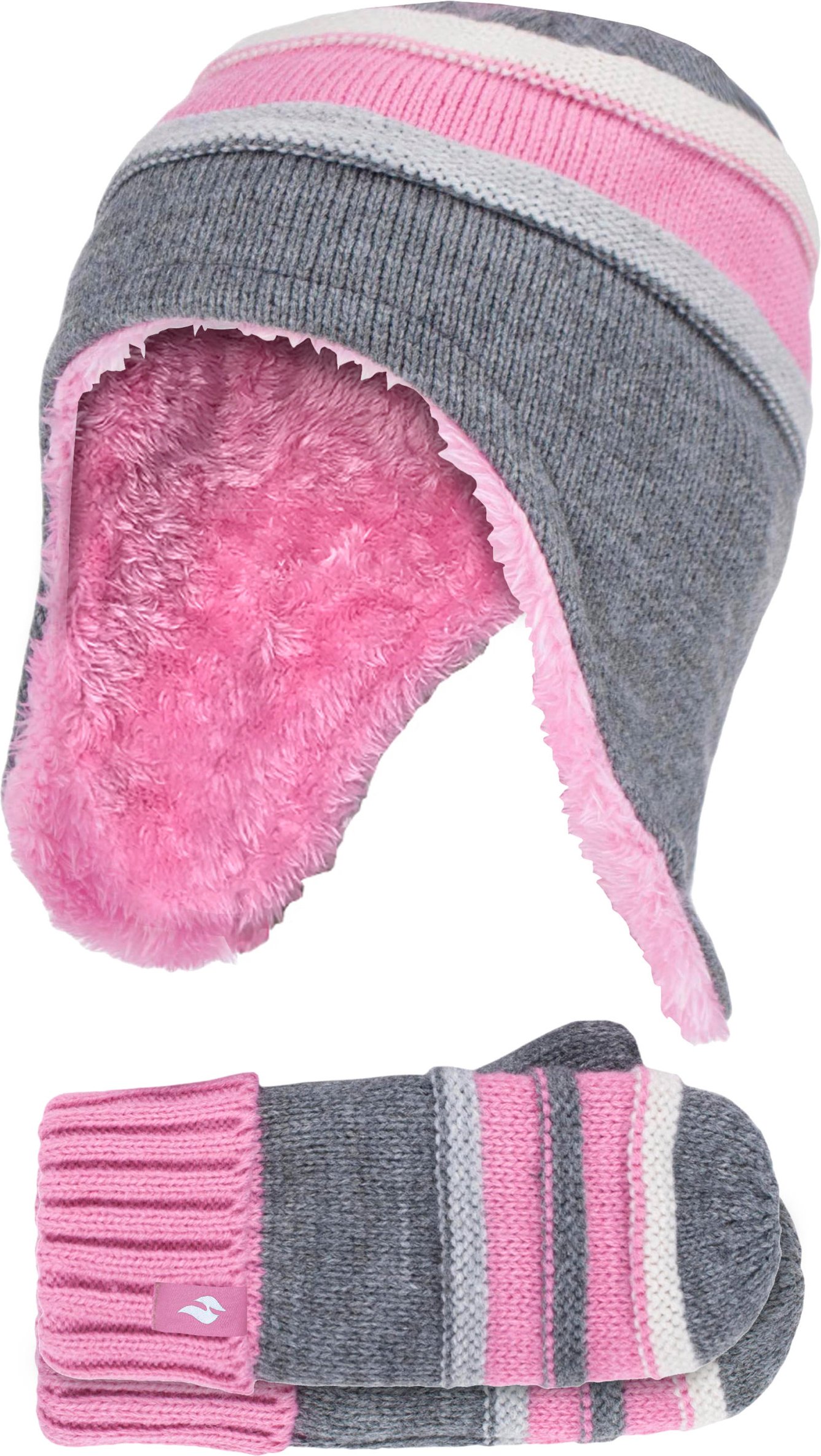 Wärmehalter - Mädchen Winter Warm Pom Pom Bobble Beanie Mütze und Handschuhe Set - Pebble Grey