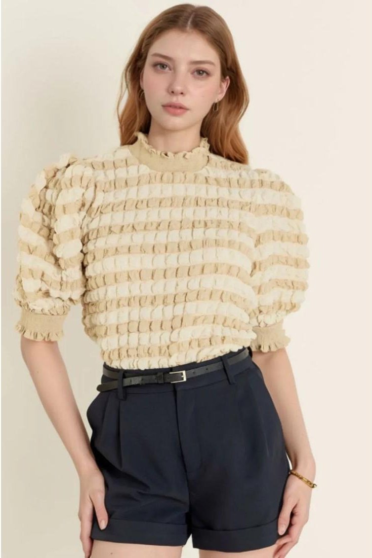 Thumbnail - Damen Bluse mit strukturiertem Mock-Neck und kurzen Ärmeln