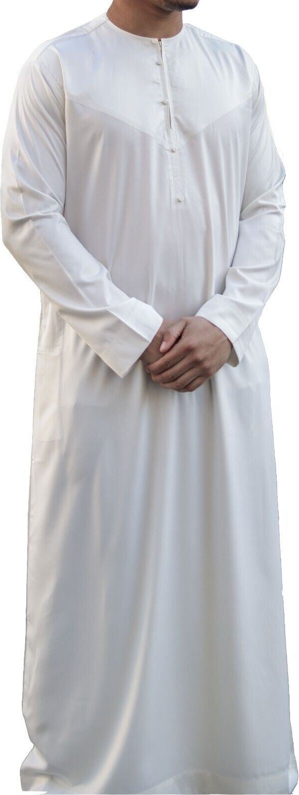 Cremebeige Thobe-Robe für Herren aus Satin, emiratische islamische Jubba Eid, schmale Passform
