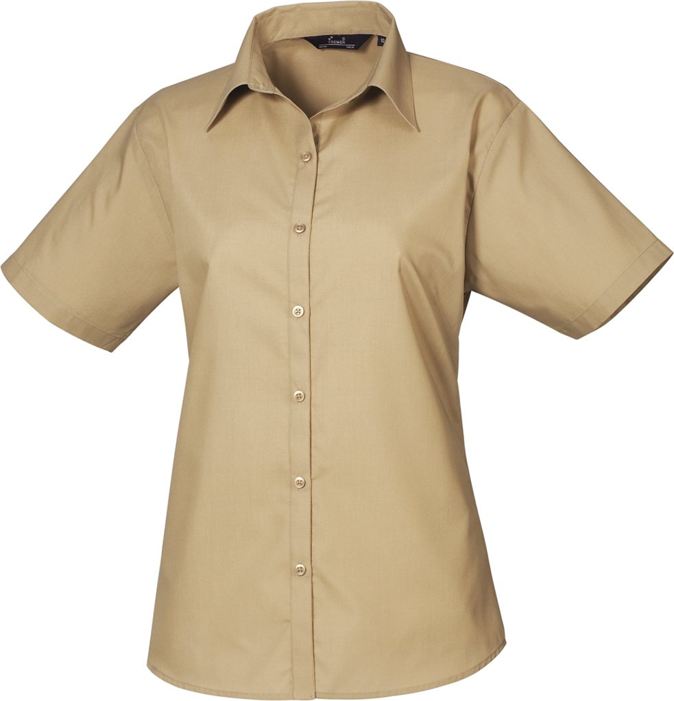 Premier Damen Kurzarm Popeline Bluse / Arbeitshemd (Khaki)