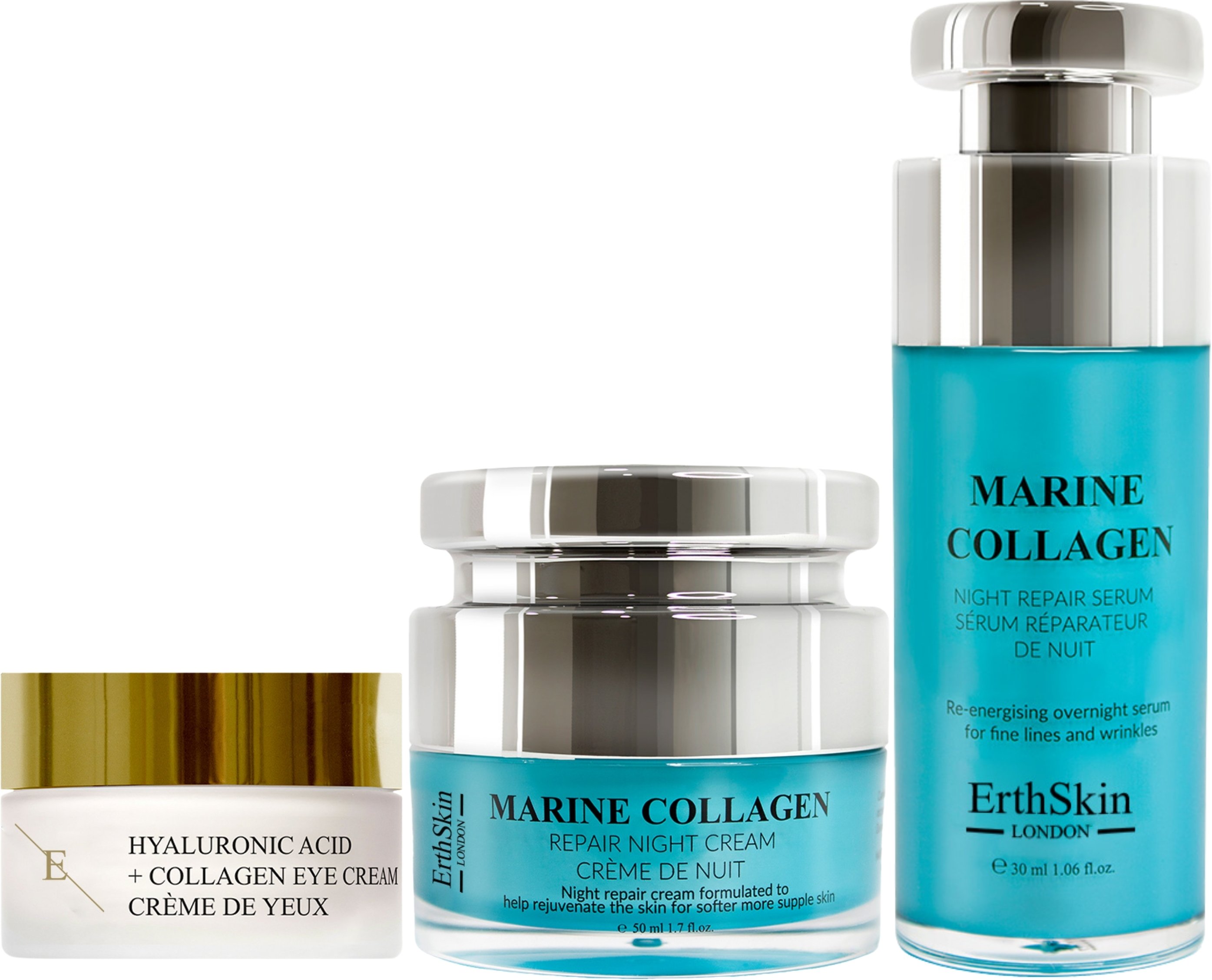 Marin Kollagen Nachtcreme 50ml + Hyaluronsäure + Kollagen Pro Age Augencreme + Marin Kollagen Nacht Reparaturserum 30ml