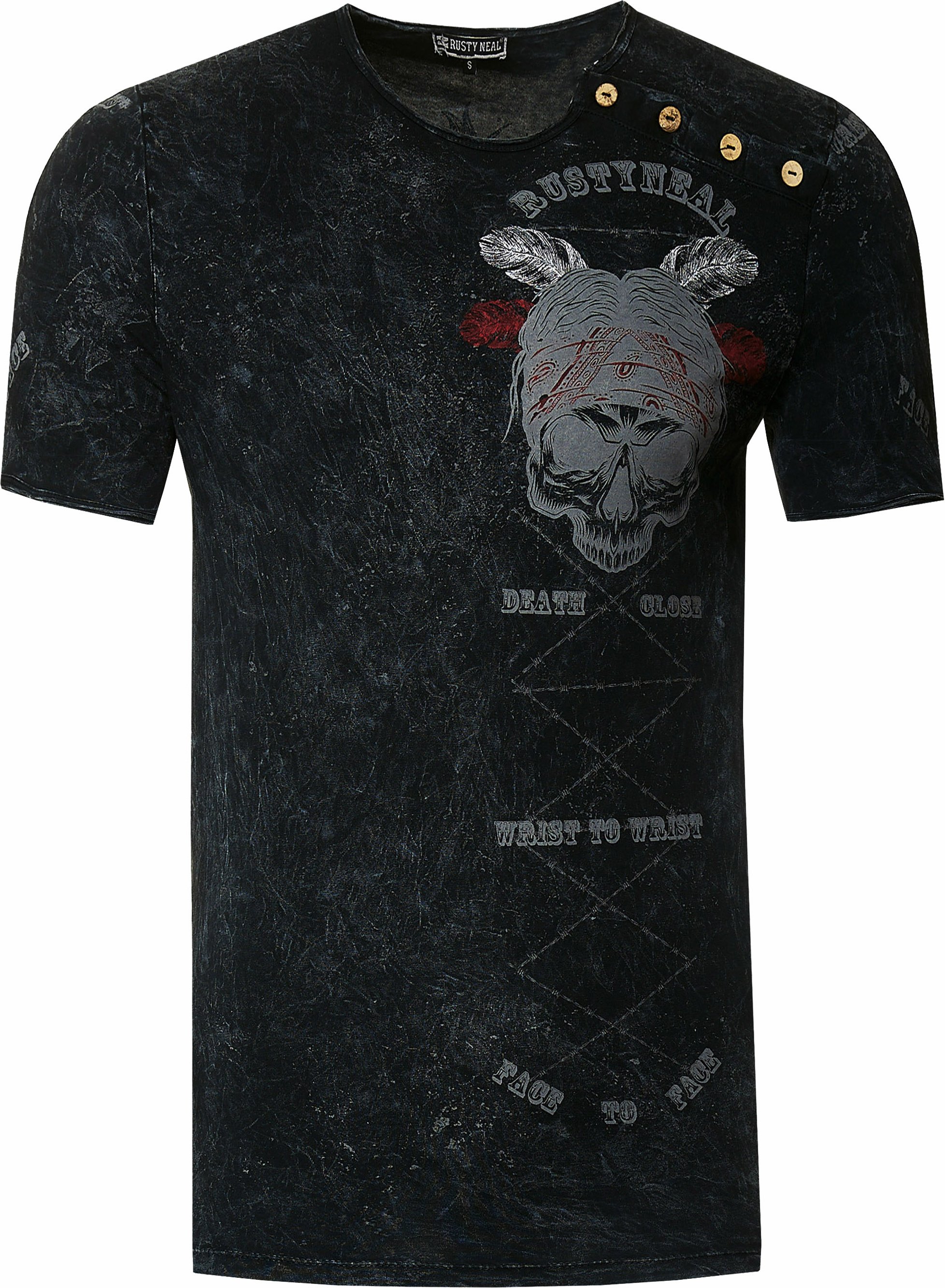 Thumbnail - Verwaschenes Rundhals T-Shirt mit Knopfleiste und Prints