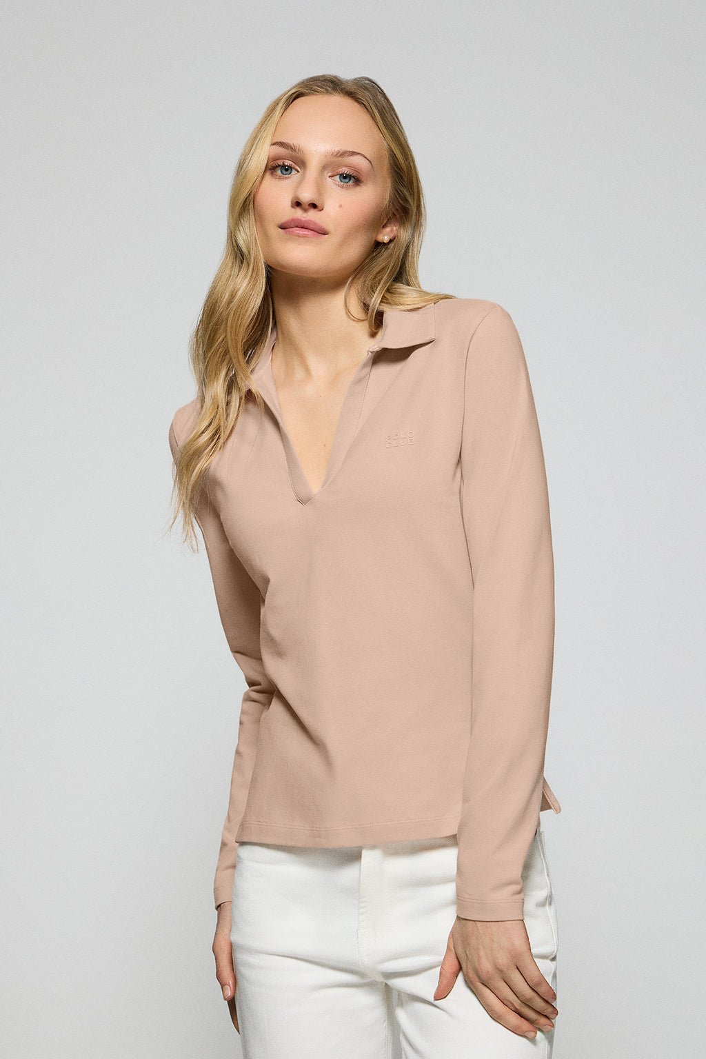 Poloshirt Pia blush pink ohne Knöpfe mit gummiertem Polo Club-Logo