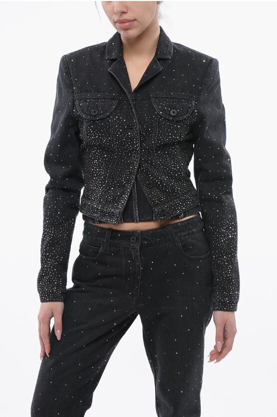 Cropped Fit BLING Jeansjacke mit Strass in Schwarz