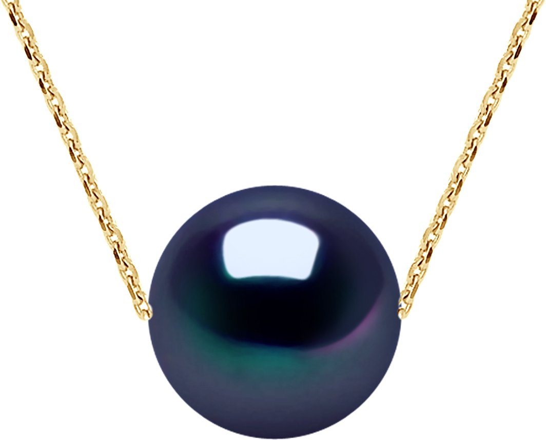 DIADEMA - Halskette - Echte Süßwasserperlen - Schwarzer Tahitian Style - Kabelkette in Gelbgold