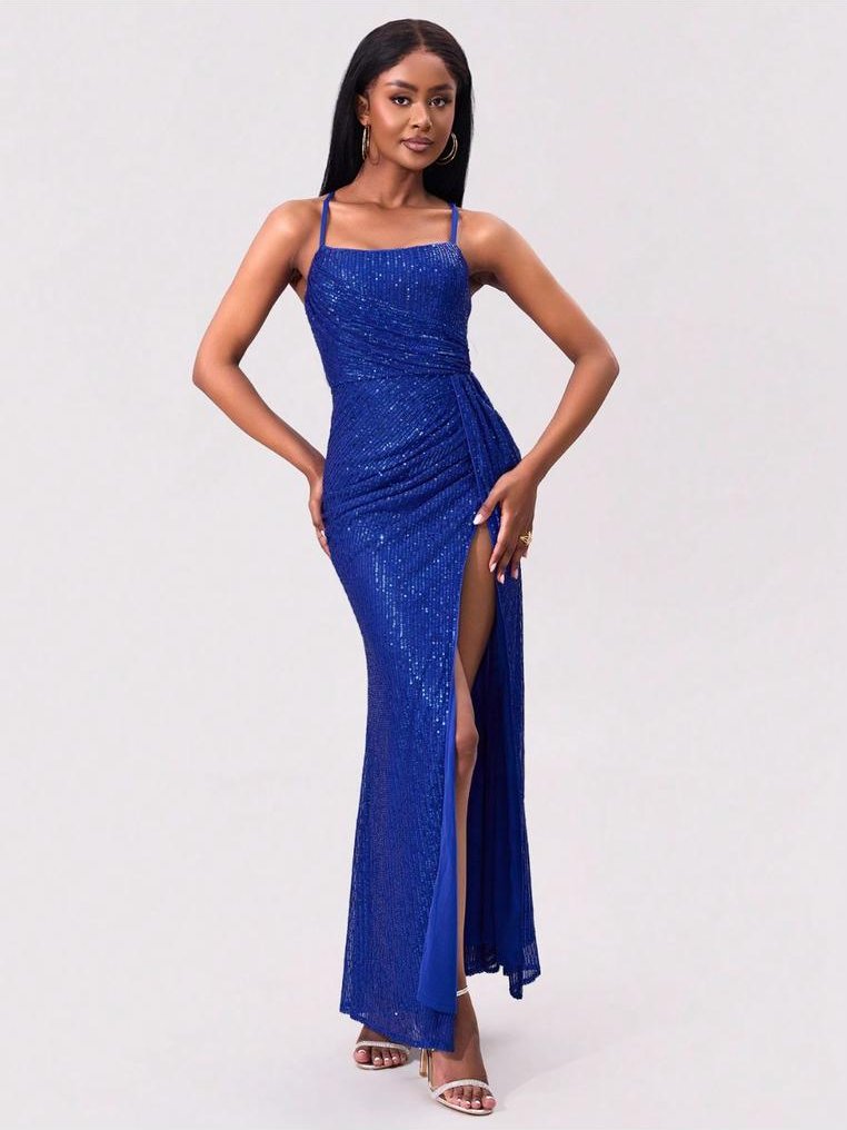 Thumbnail - Paillettenkleid mit Schlitz und quadratischem Ausschnitt und Spaghettitragern