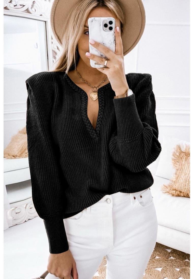 Thumbnail - Azura Exchange Schwarzer Geflochtener Pullover mit Eingeschnittenem V-Ausschnitt und Puffärmeln