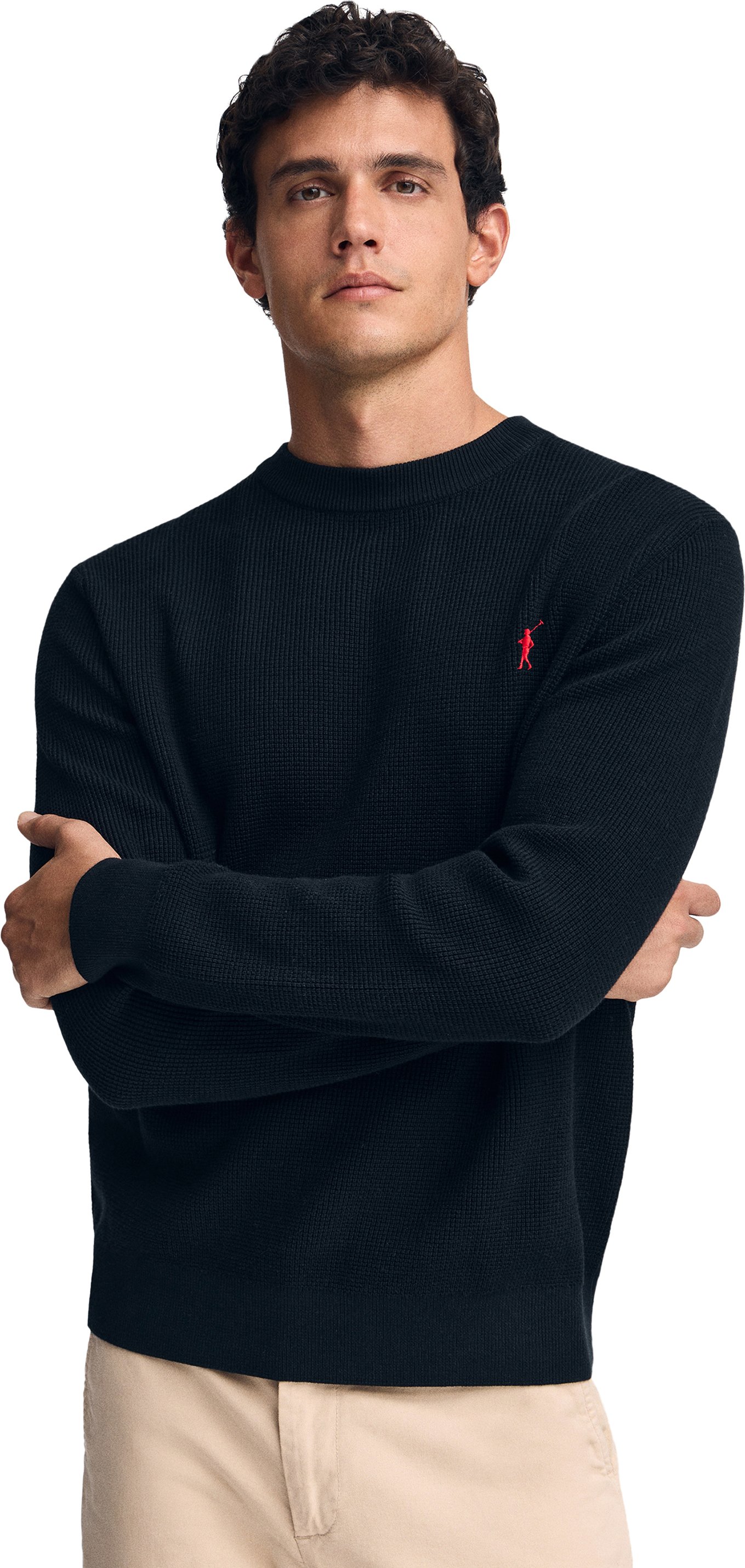 Pullover marineblau mit Rundkragen, Waffelstruktur und gesticktem Rigby Go-Logo