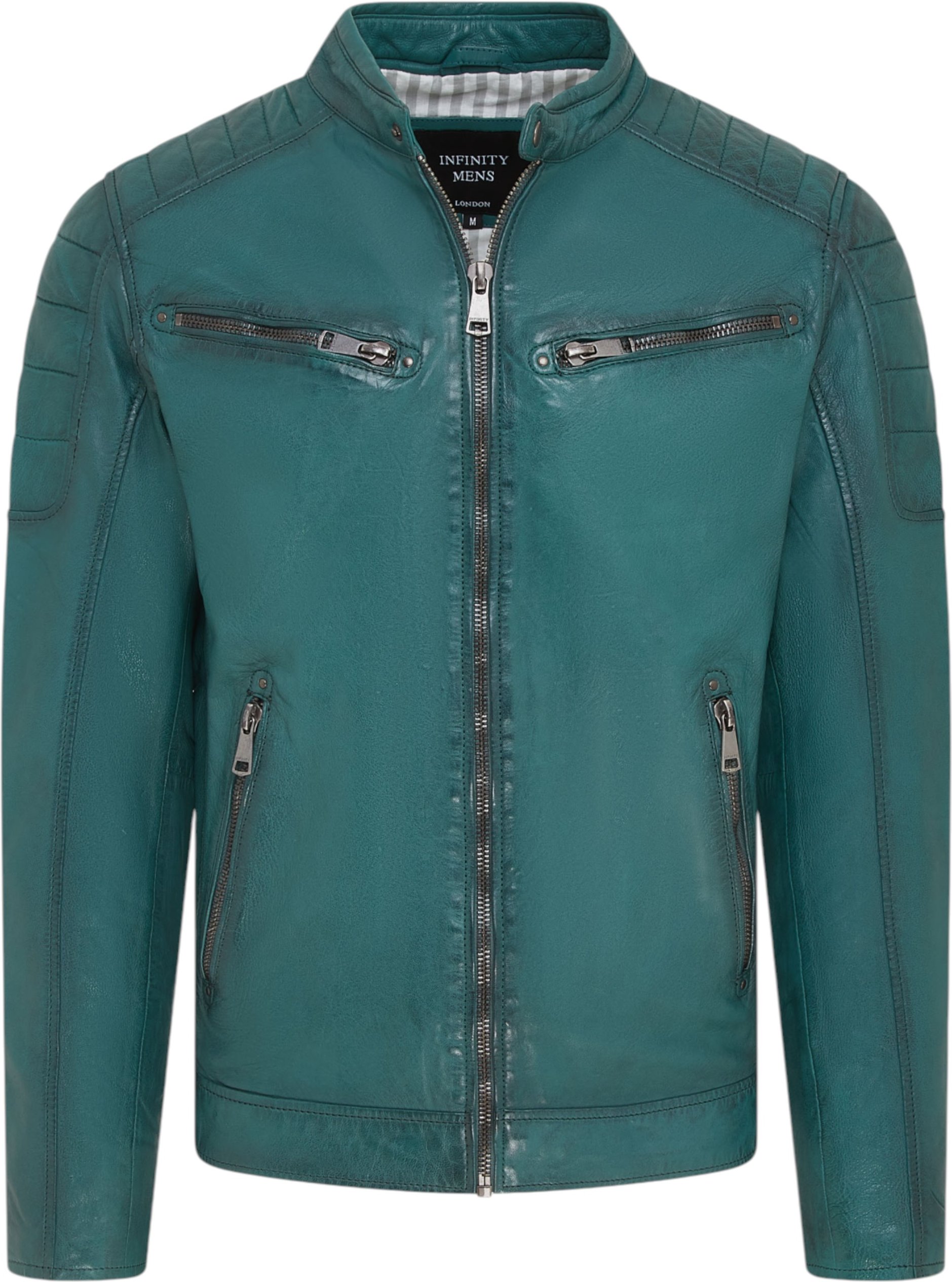 Moderne, klassische gesteppte Bikerjacke aus Leder für Herren in Grün – Derry