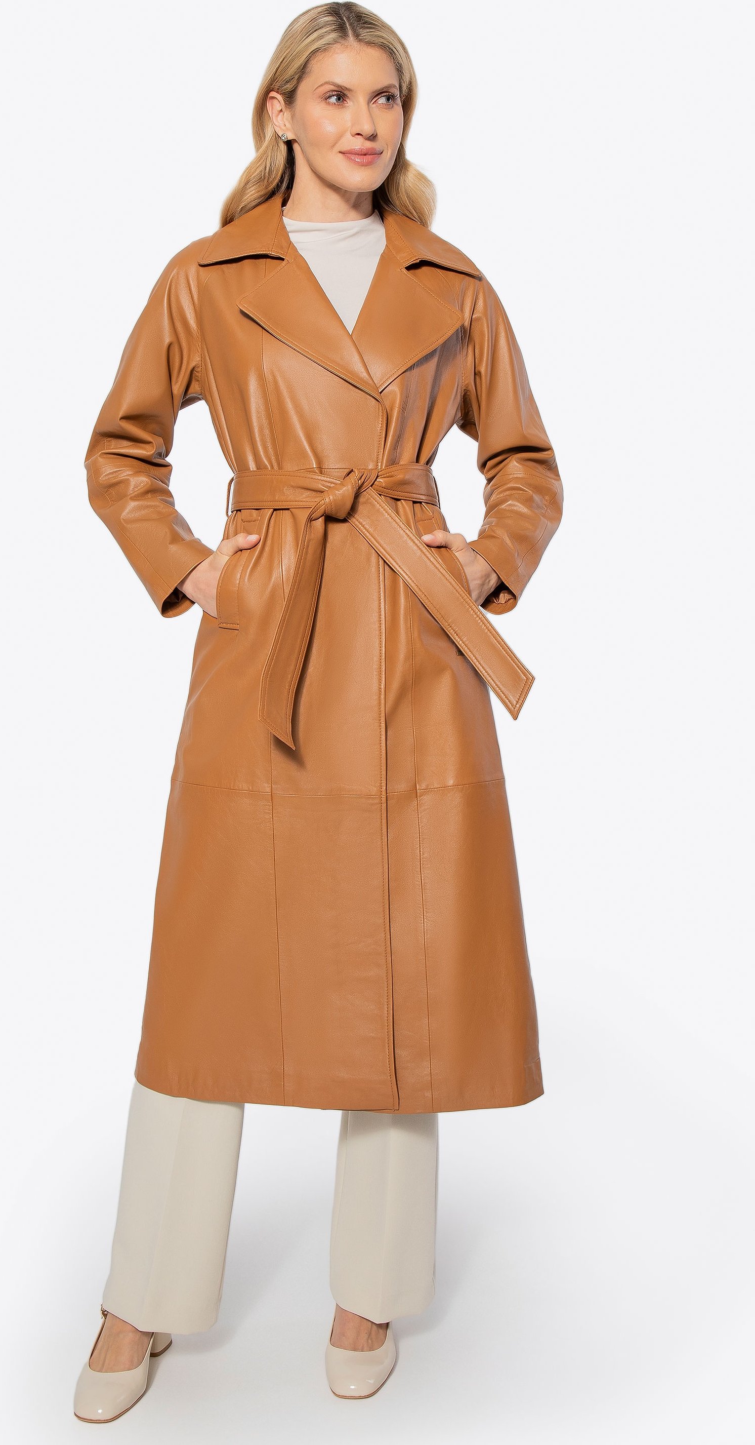 Wittchen Damen-Ledermantel mit Gürtel, Karamell, Naturleder