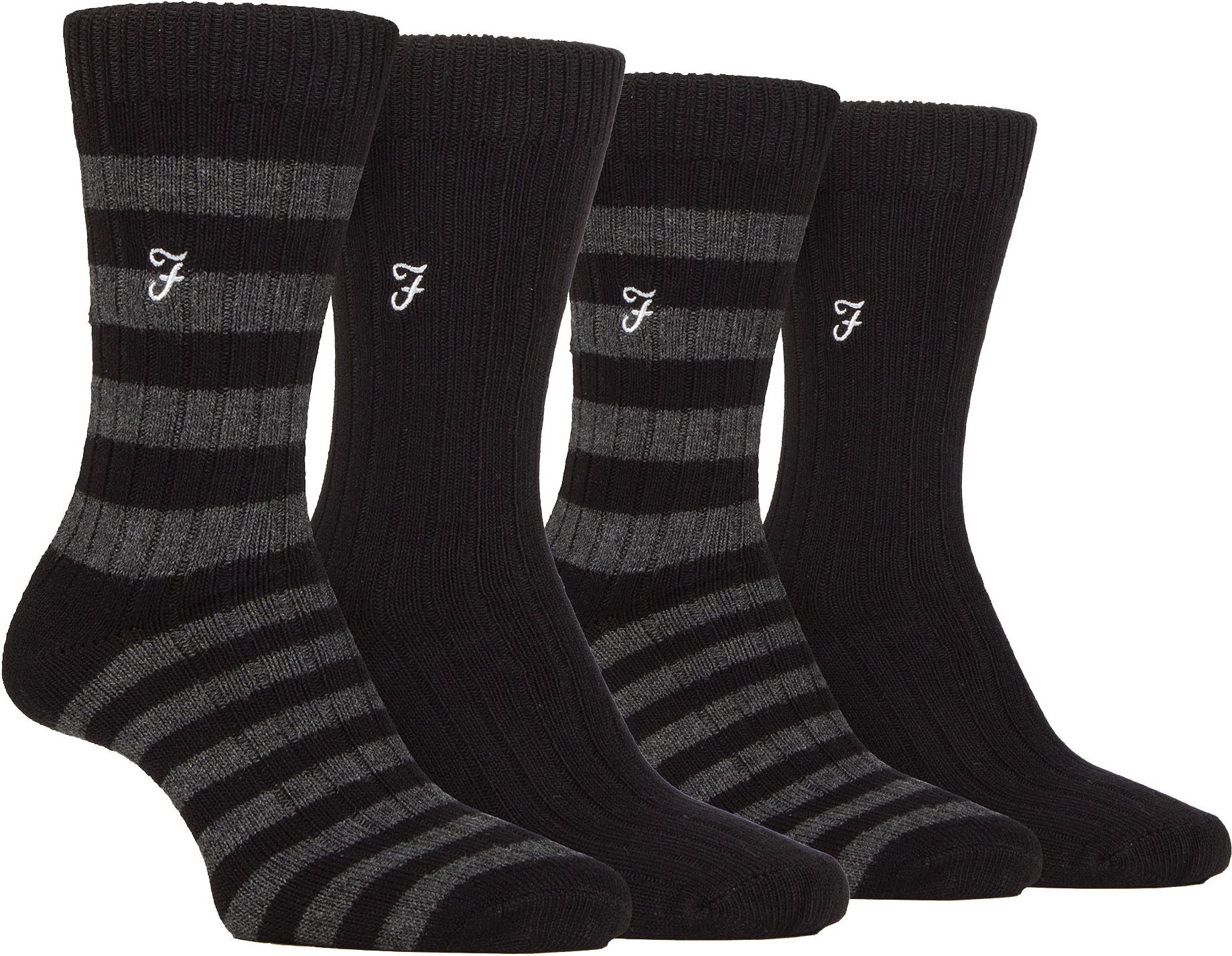 4 Paar Bambus gestreifte Stiefelsocken | Farah | Designer bestickte Socken für den Sommer - Schwarz / Holzkohle