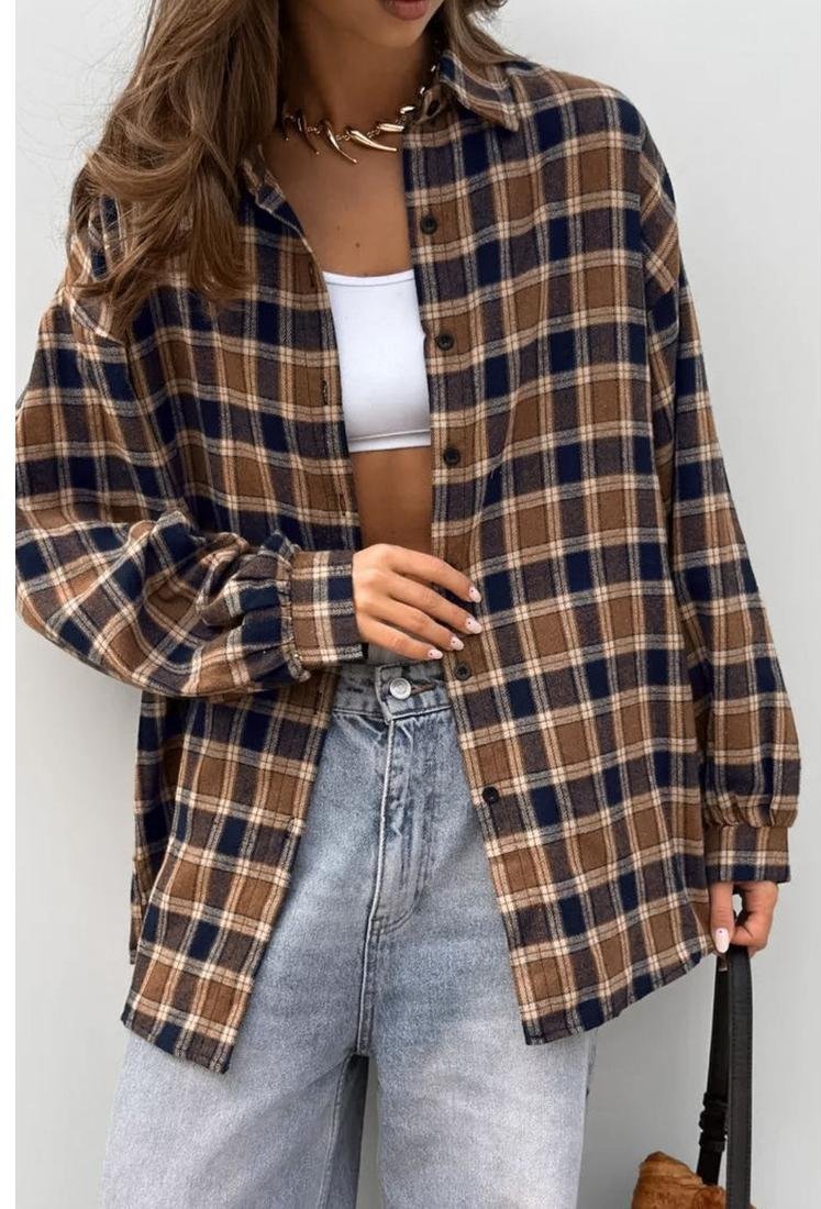 Damen Karierter Knopf-up Drop Shoulder Shacket